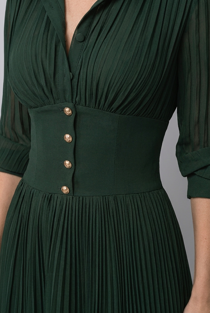 Dark Green Corset Waist Long Sleeve Pleated Maxi Dress