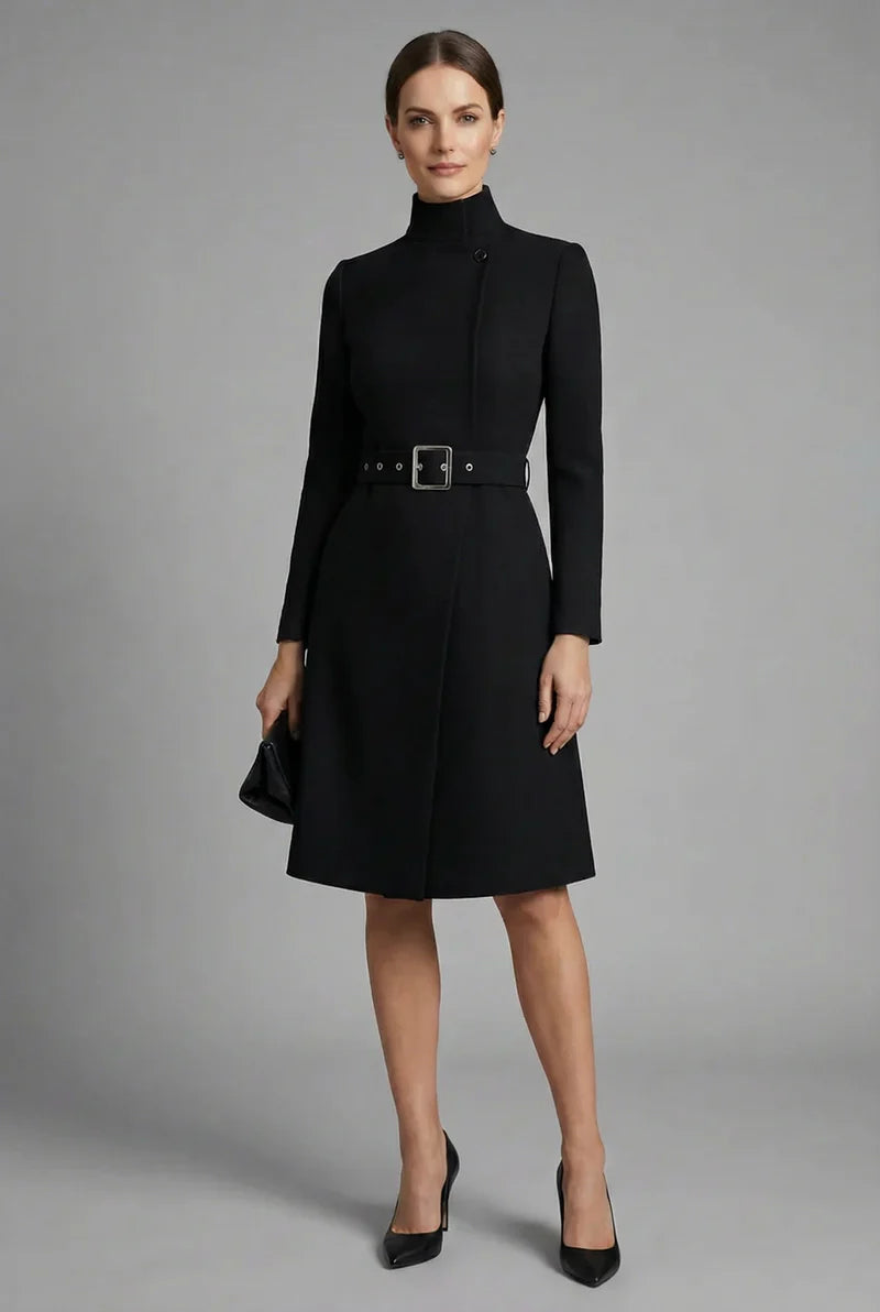 Women's High Neck Asymmetric Front Belted Midi Dress