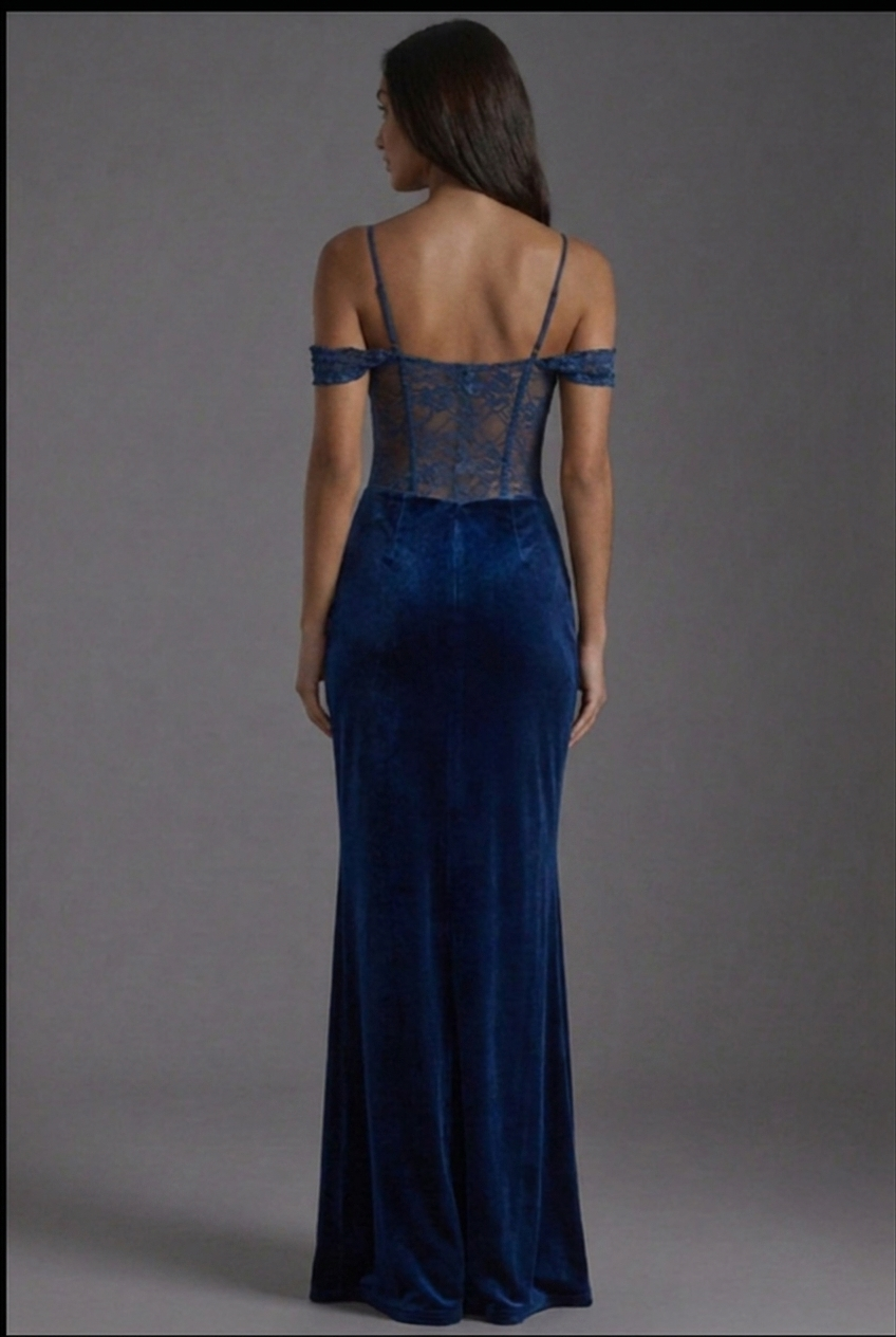 Off Shoulder Lace Corset Draped Column Maxi Dress
