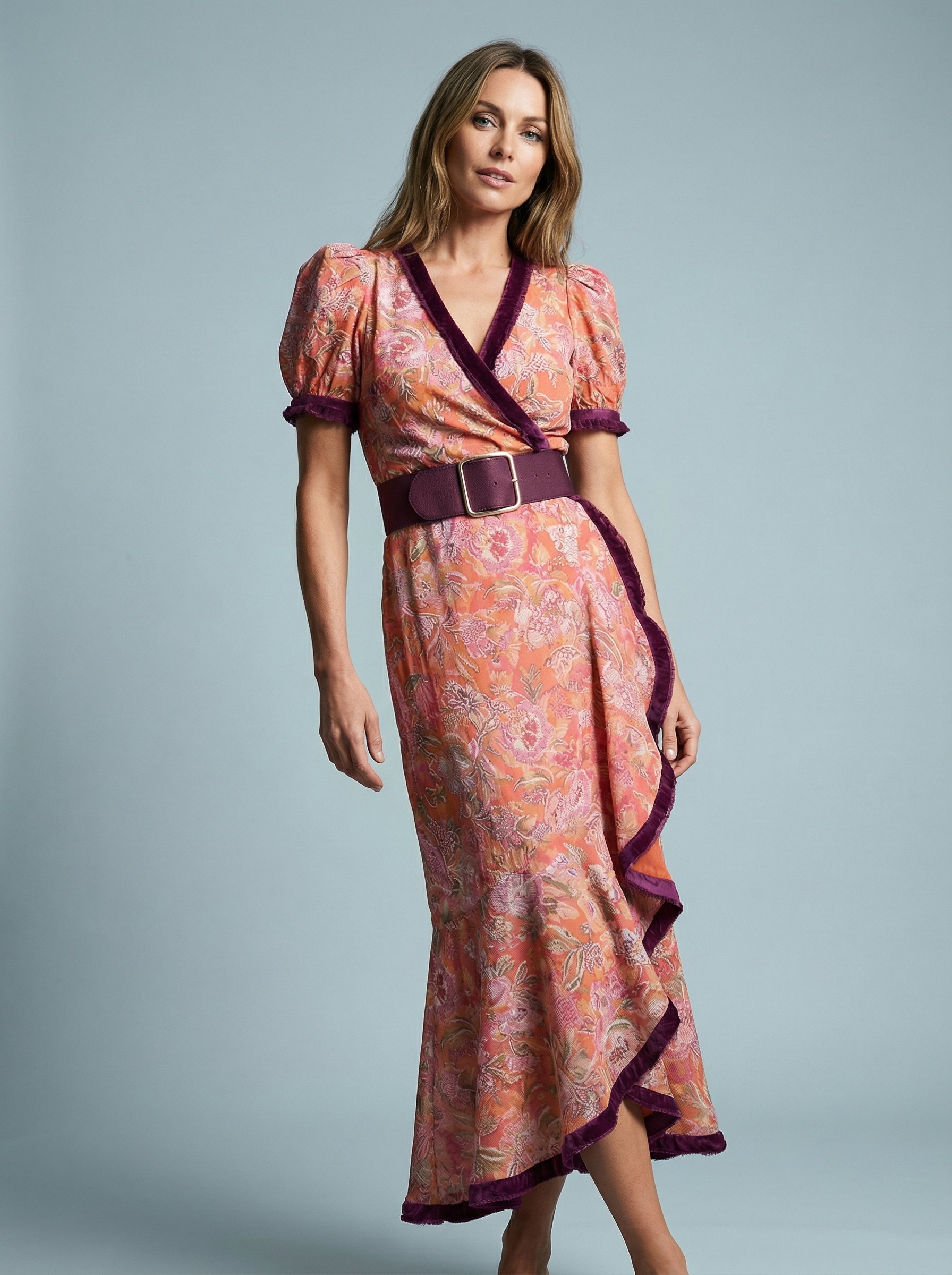 Women’s Belted Elegant Pink A-Line Midi Dress Puff Sleeves