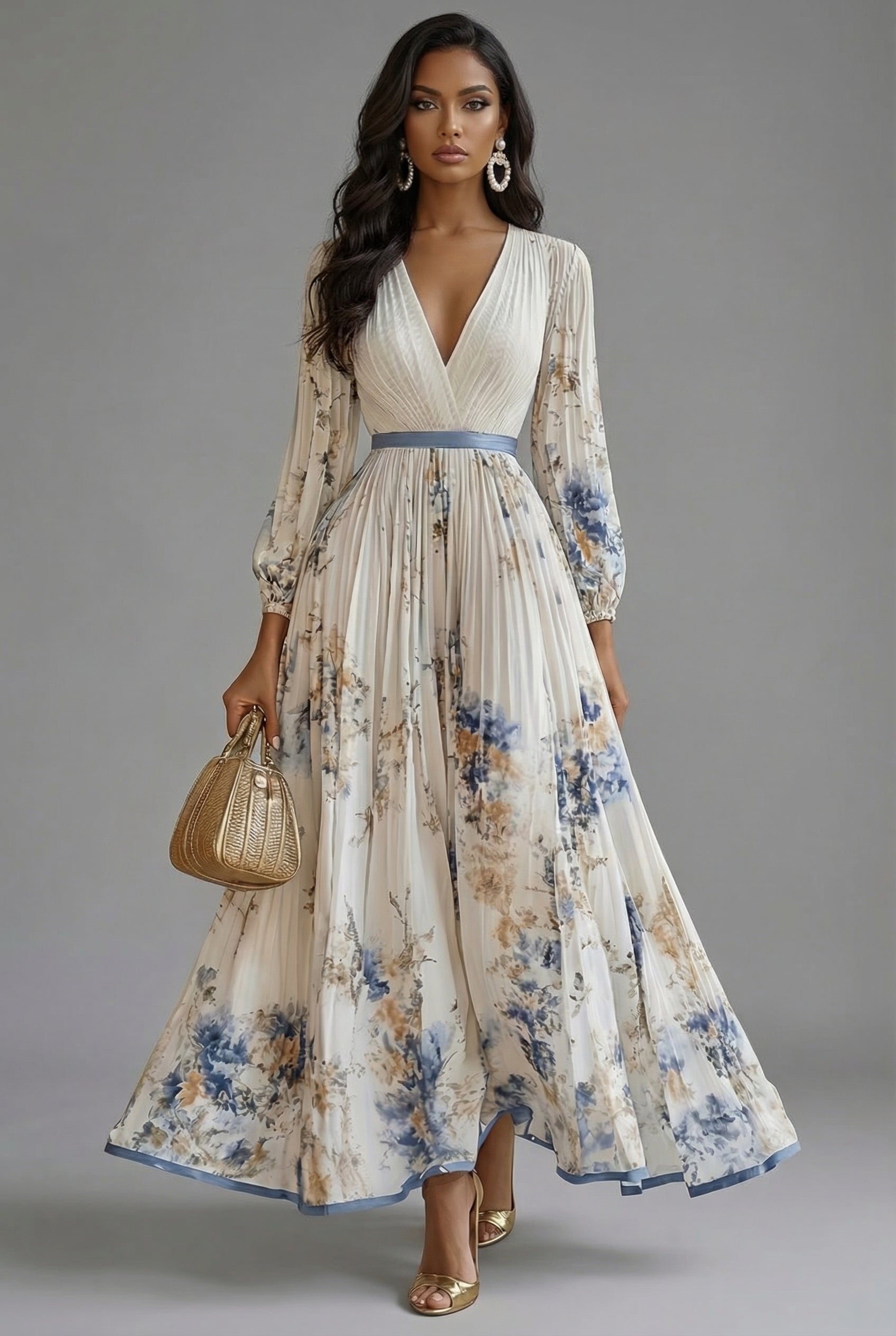 Ascot Floral V-Neck Long Sleeve Maxi Dress