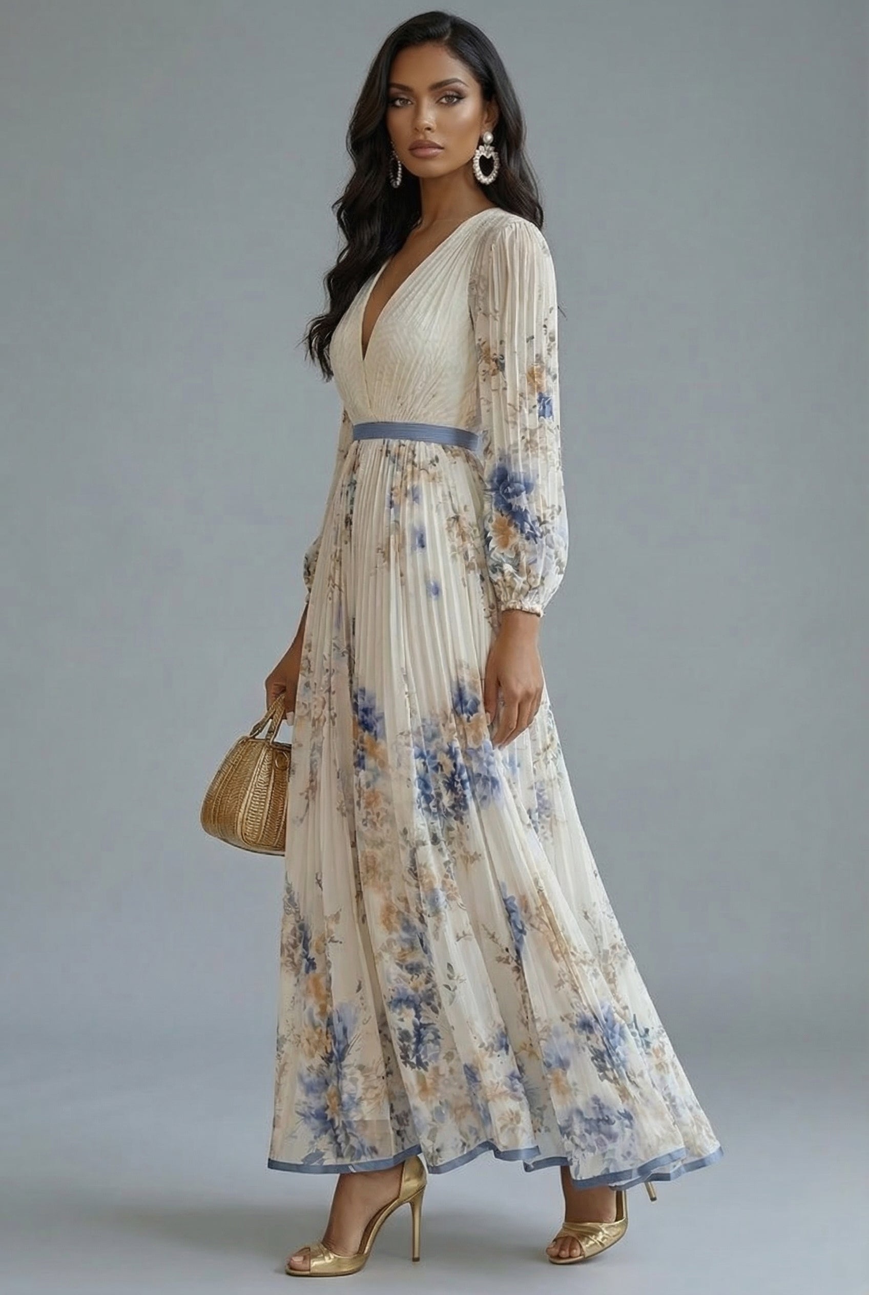 Ascot Floral V-Neck Long Sleeve Maxi Dress
