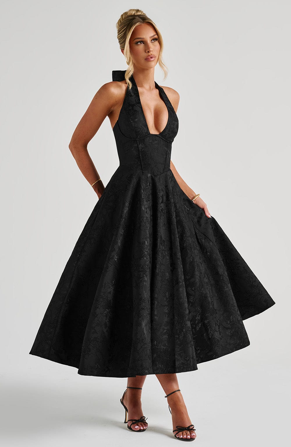 Halter Plunge V Neck Fit Flare Occasion Midi Dress