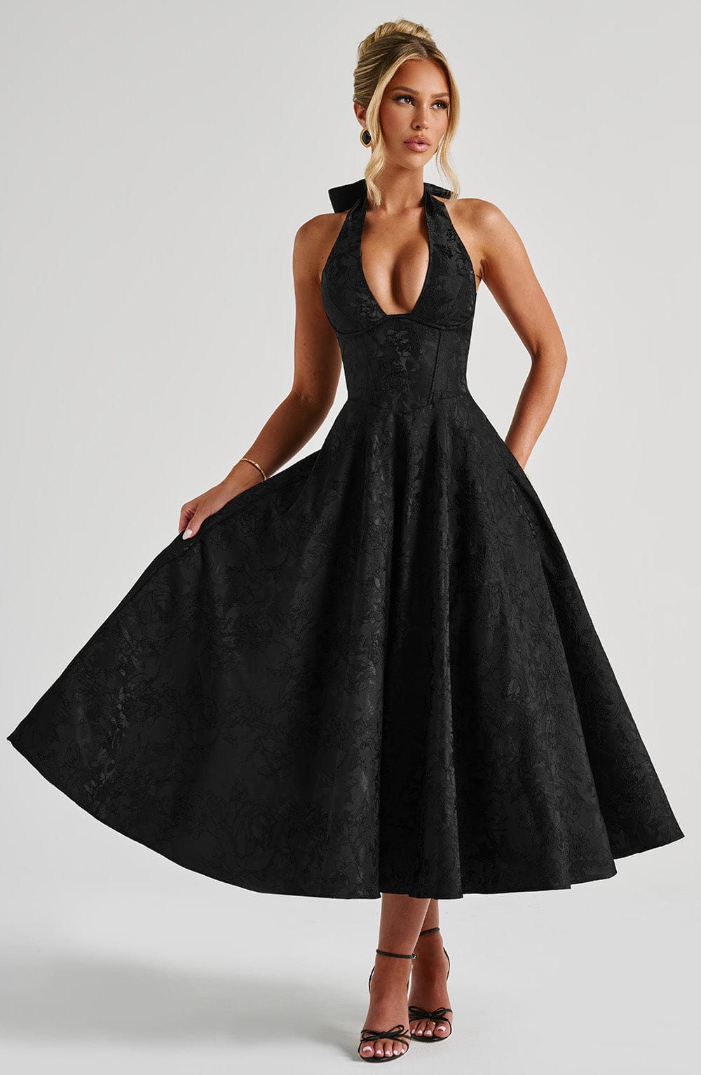 Halter Plunge V Neck Fit Flare Occasion Midi Dress