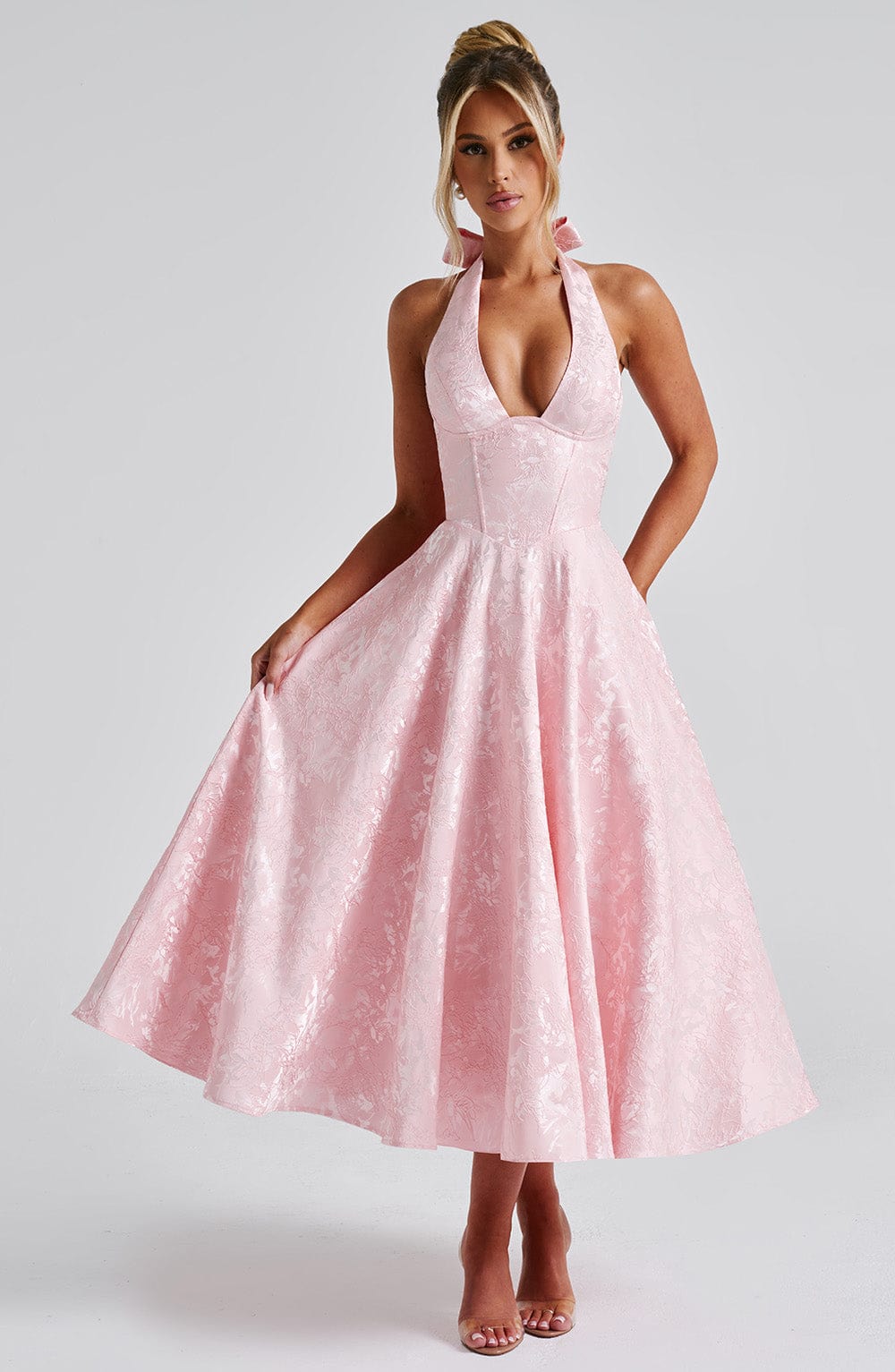 Halter Plunge V Neck Fit Flare Occasion Midi Dress