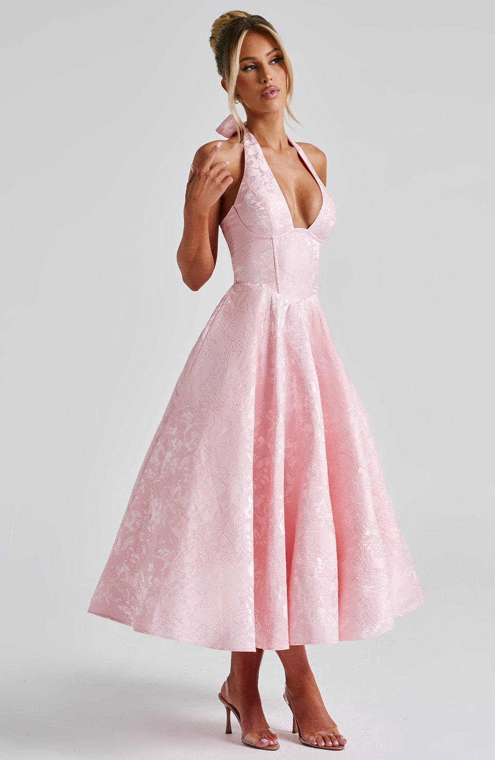 Halter Plunge V Neck Fit Flare Occasion Midi Dress