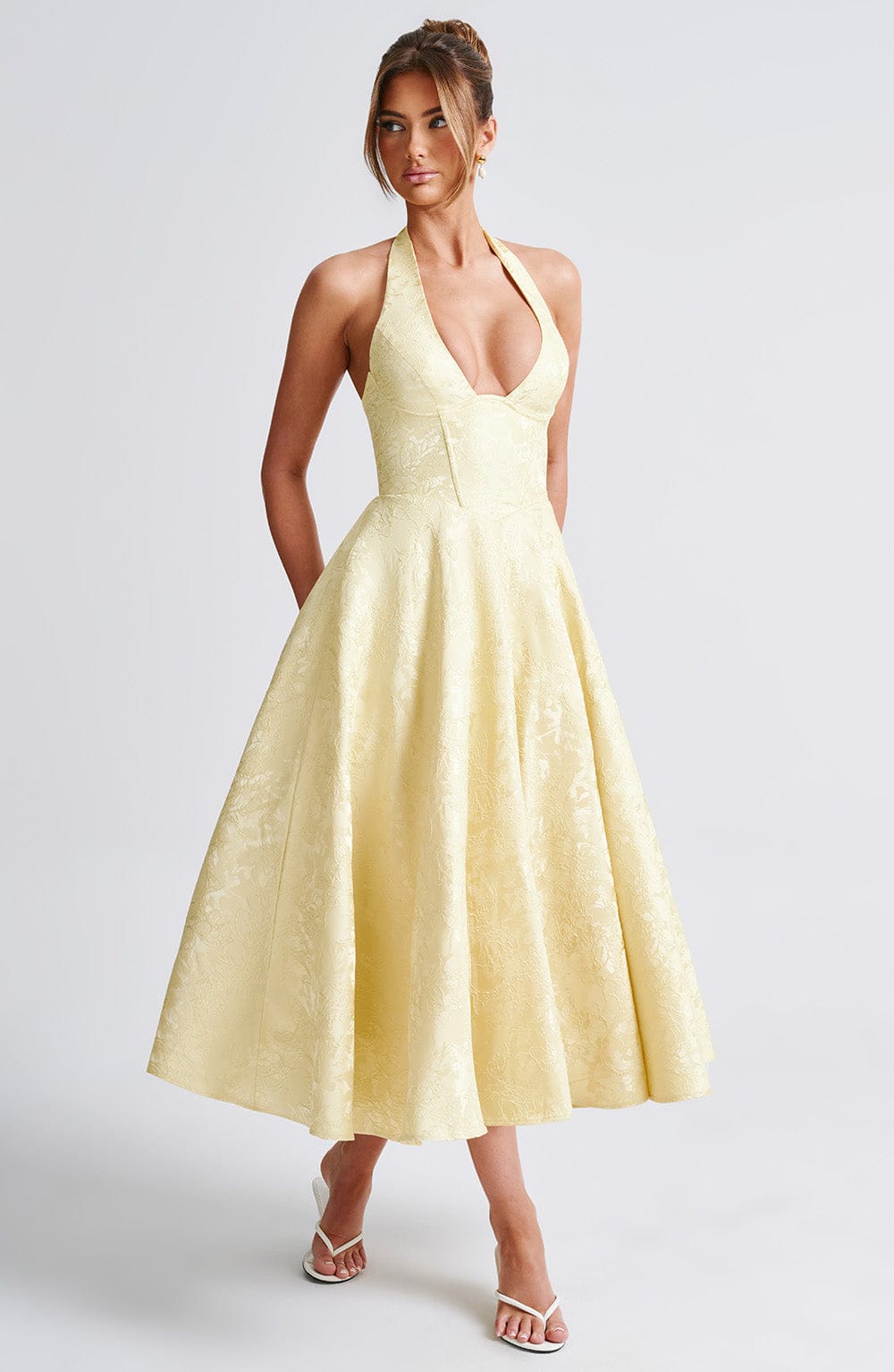 Halter Plunge V Neck Fit Flare Occasion Midi Dress