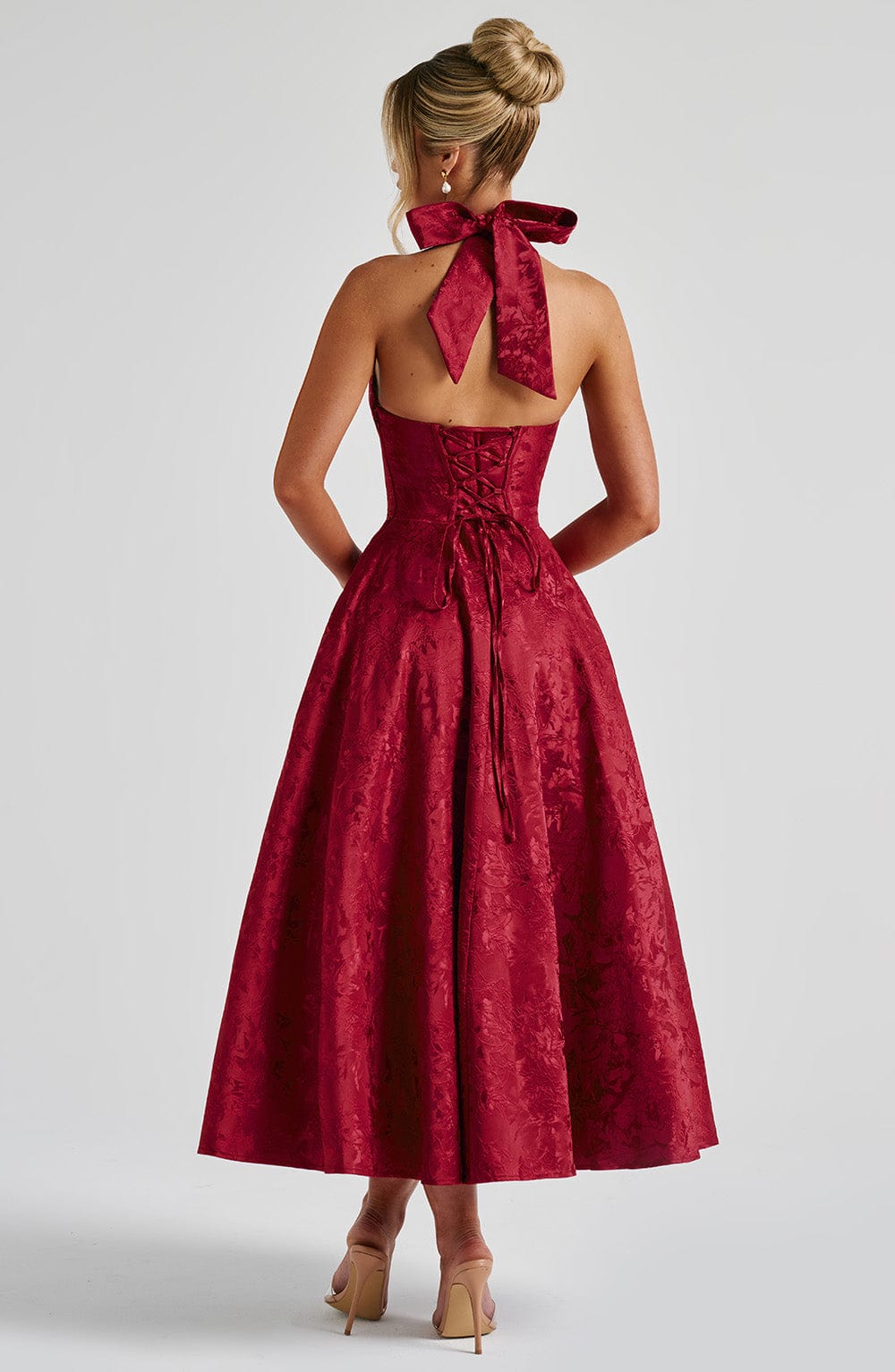 Halter Plunge V Neck Fit Flare Occasion Midi Dress