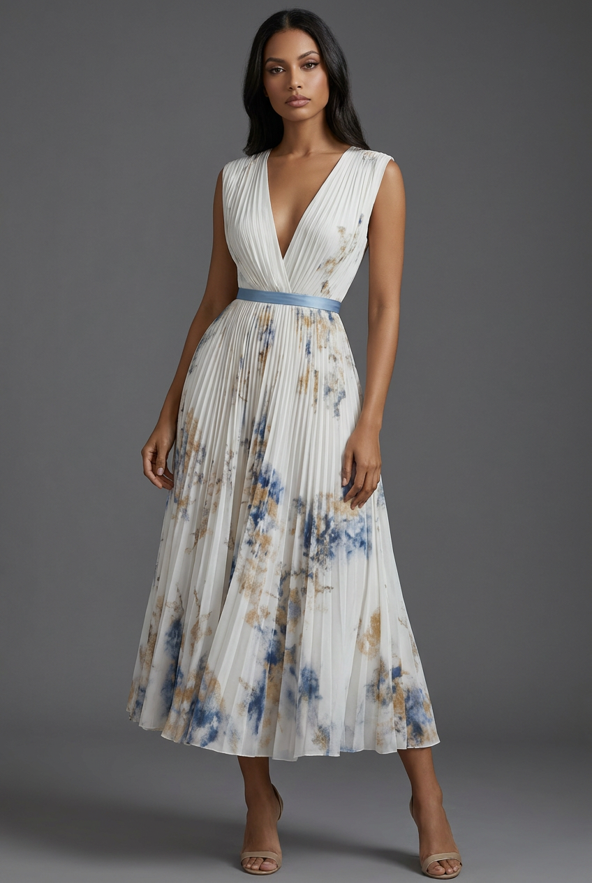 V-Neck Pleated Floral Ascot Midi Wedding Guest Dress