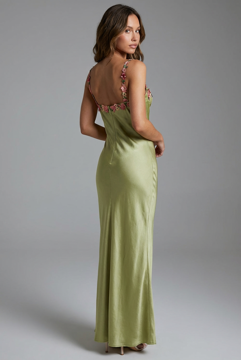 Women’s Lime Green Satin Sleeveless Floral Embroidered Maxi Dress