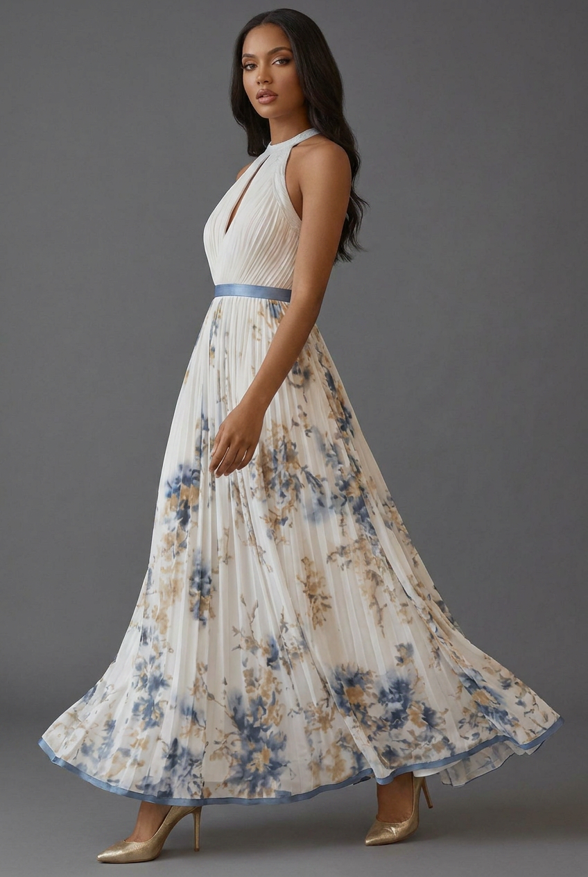 Halterneck Pleated Floral Maxi Wedding Guest Dress