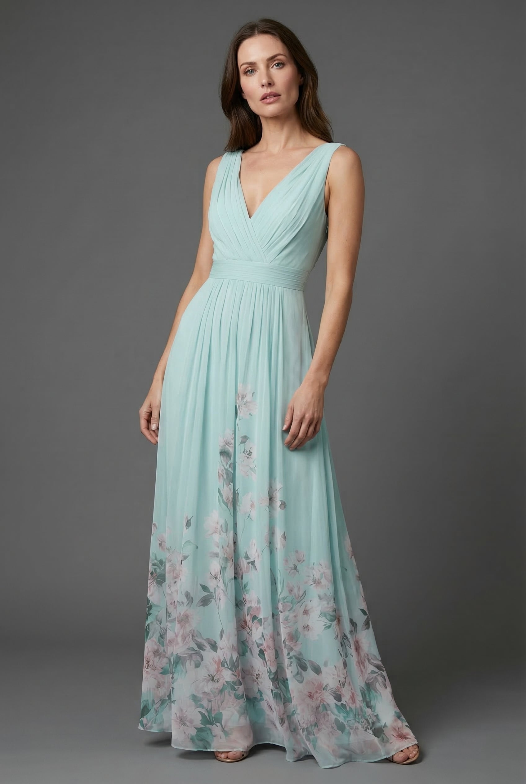 Ascot Floral V-Neck Chiffon Style Maxi Dress