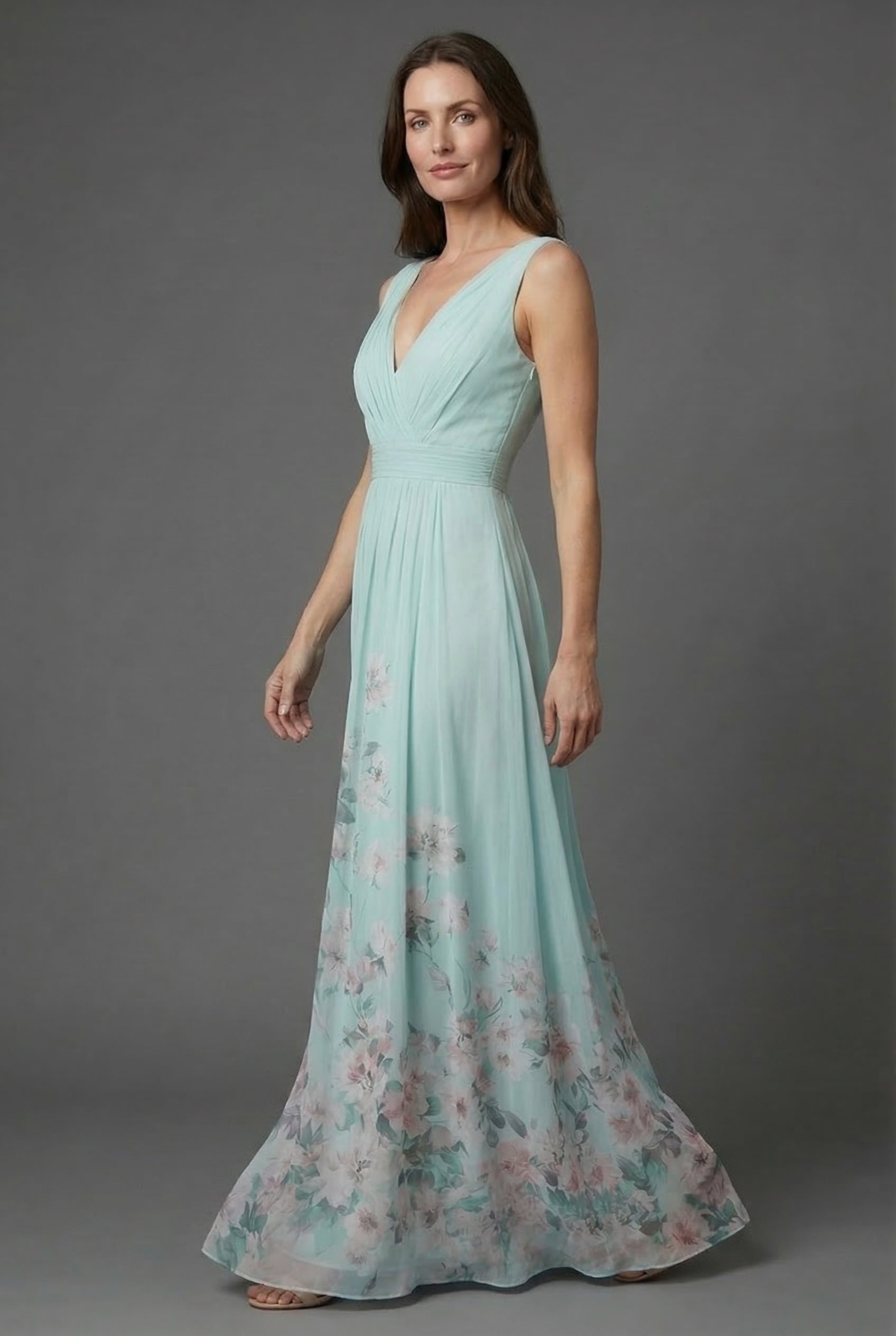 Ascot Floral V-Neck Chiffon Style Maxi Dress