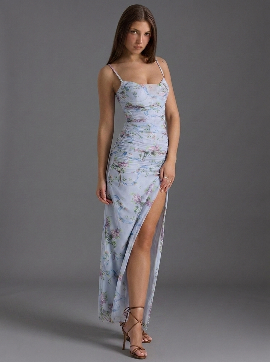 Floral Strappy Ruched High Split Bodycon Maxi Dress
