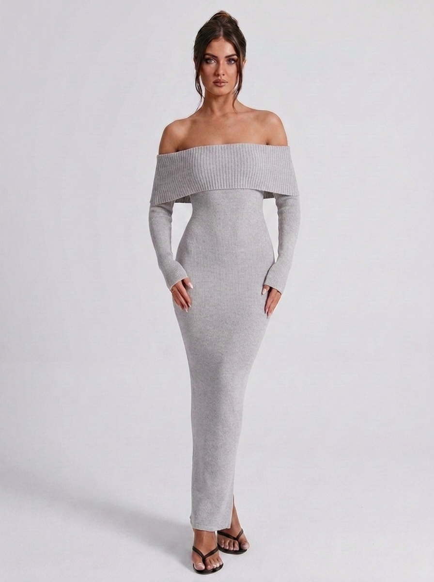 Off Shoulder Knitted Style Long Sleeve Maxi Dress