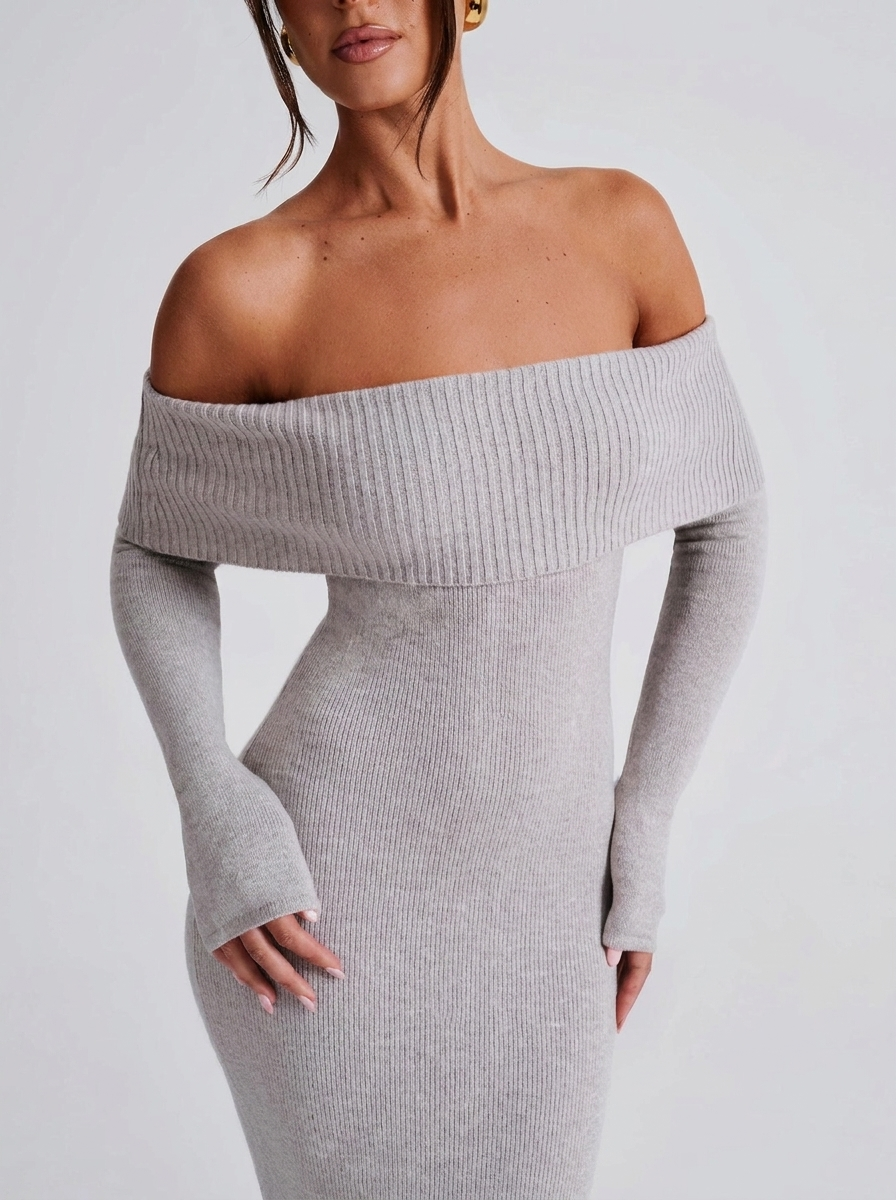 Off Shoulder Knitted Style Long Sleeve Maxi Dress
