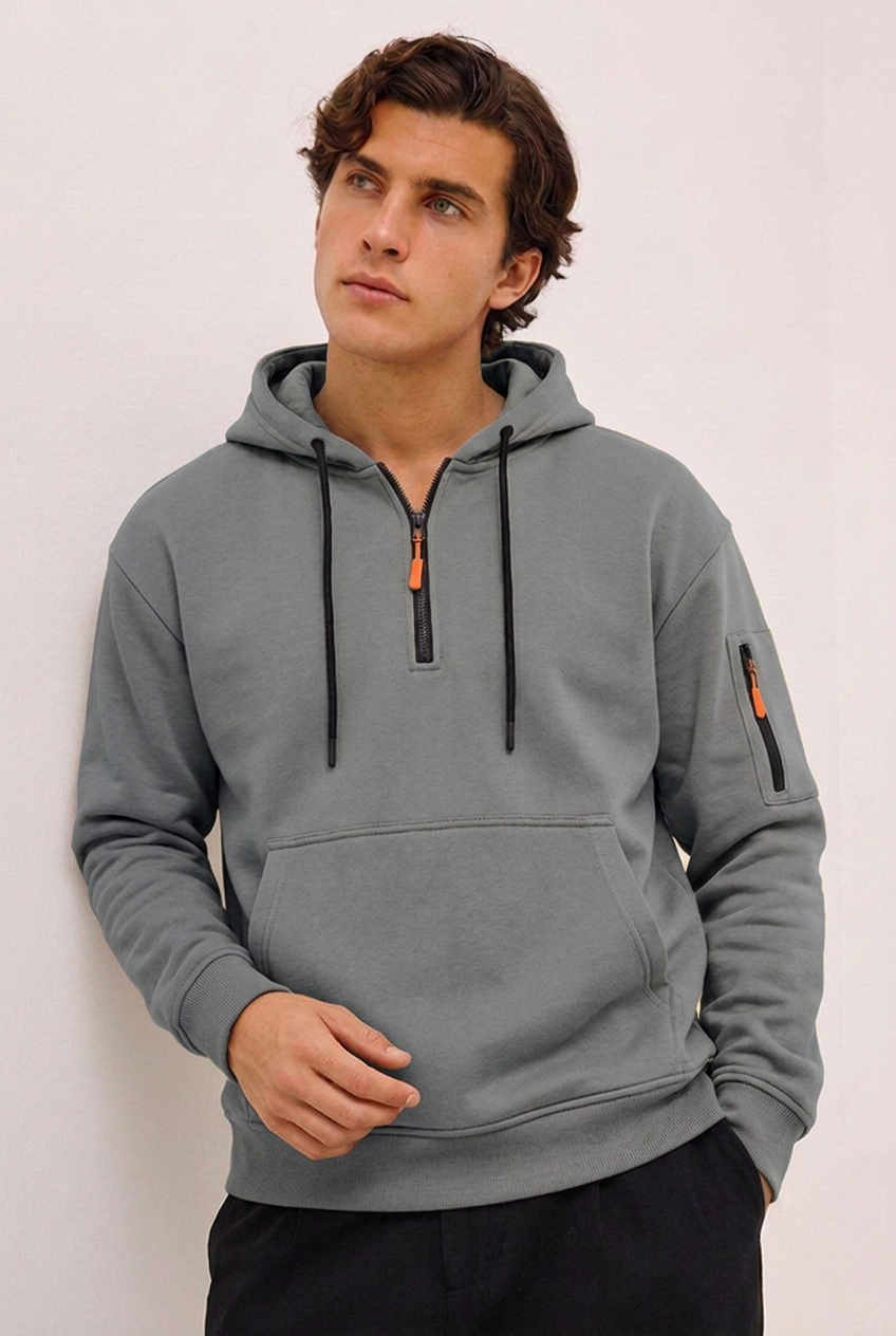 Quarter Zip Hooded Sweatshirt With Pocket Men