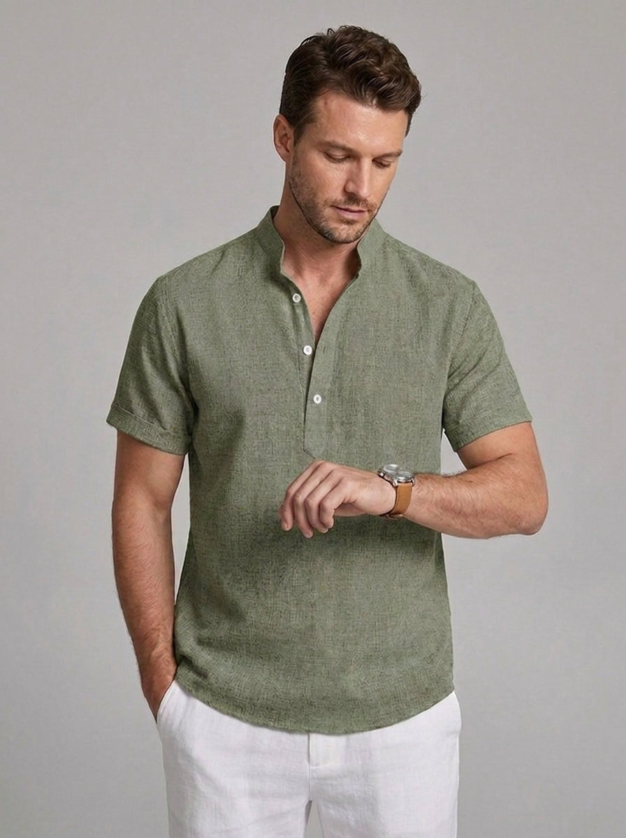 Linen Style Short Sleeve Henley Comfortable Shirt Men