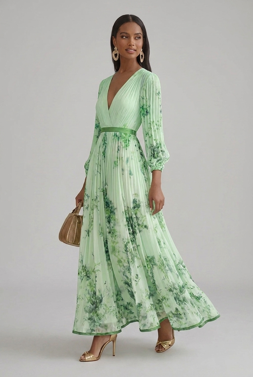 Maxi Wedding Guest Dress Floral V Neck Long Sleeve Pleated