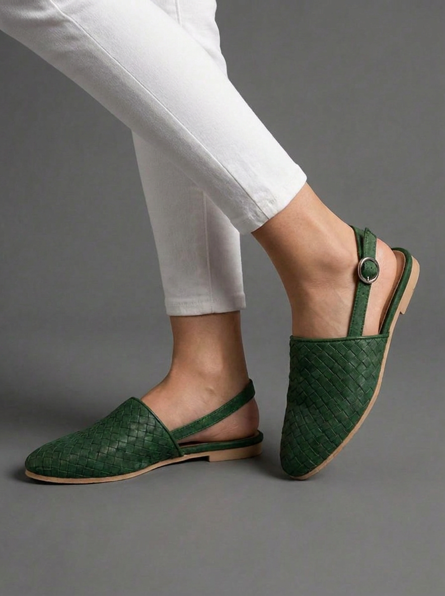 Woven Pointed Toe Leather Style Flat Mules Women