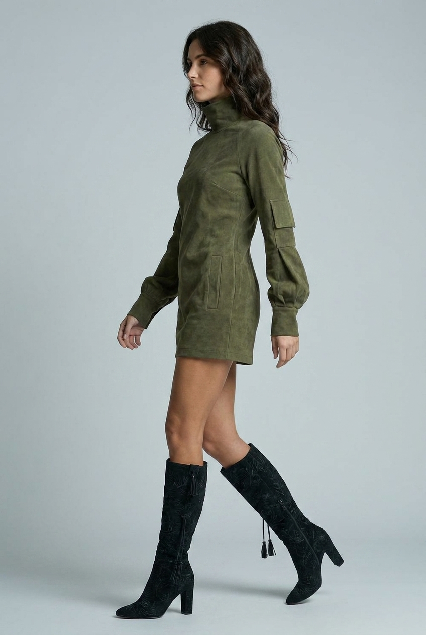 Cargo Mini Dress High Neck Balloon Sleeve