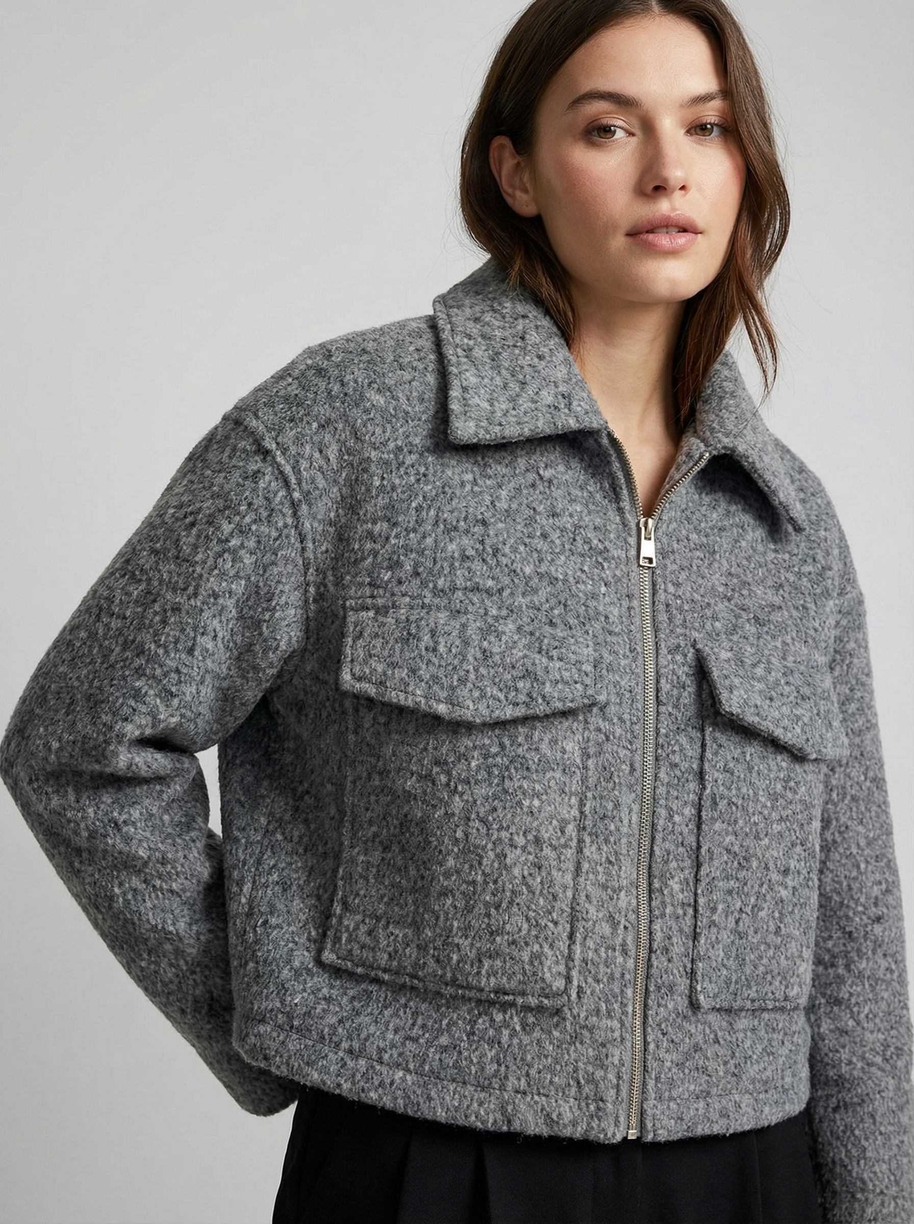 Women’s Gray Cropped Big Front Pocket Wool Blend Zip Jacket