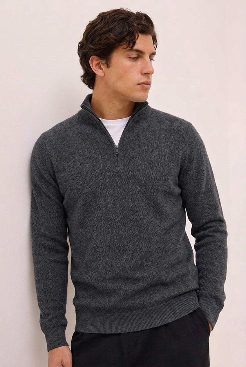 Knit Quarter Zip Ribbed Cuff Jumper Men