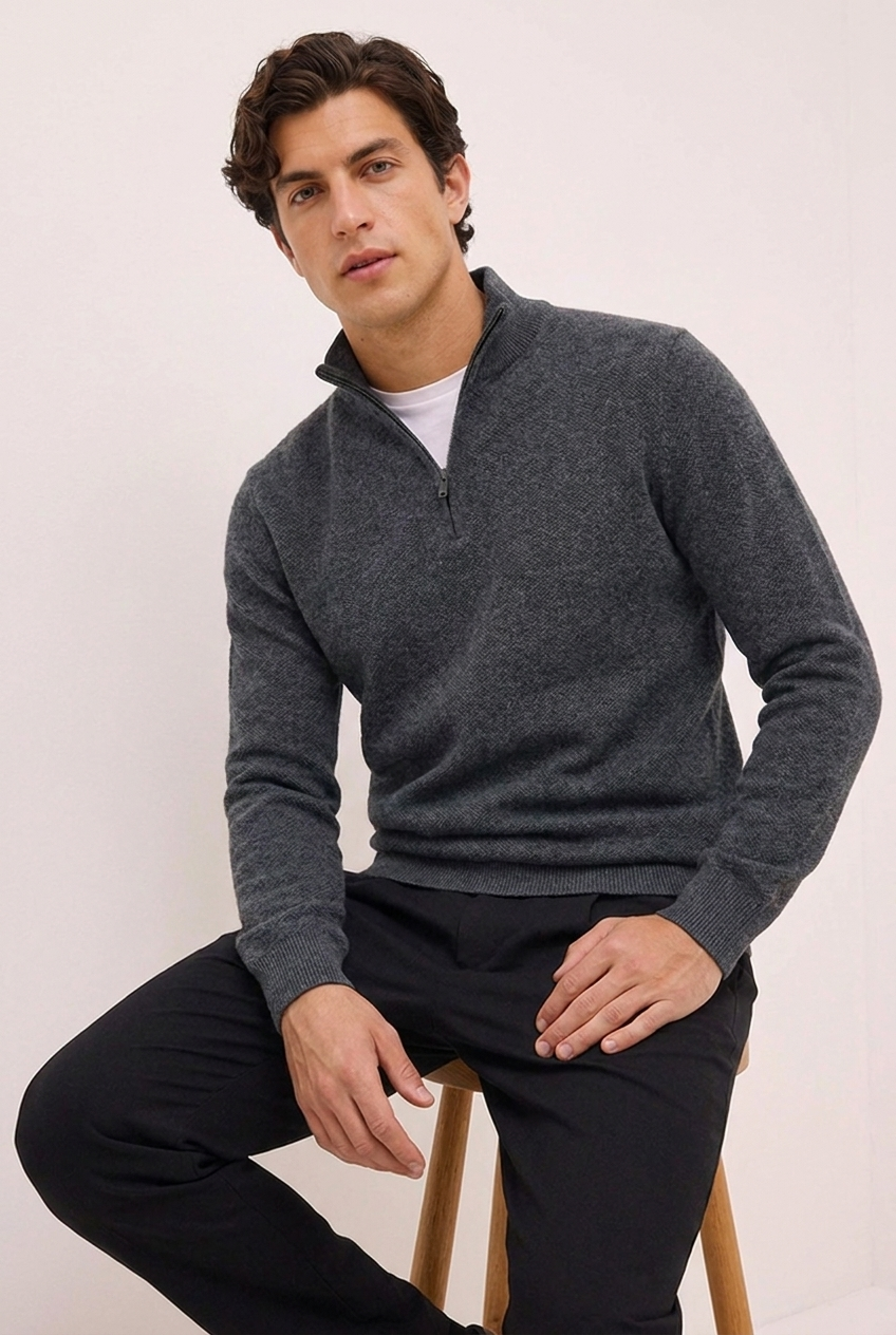 Knit Quarter Zip Ribbed Cuff Jumper Men