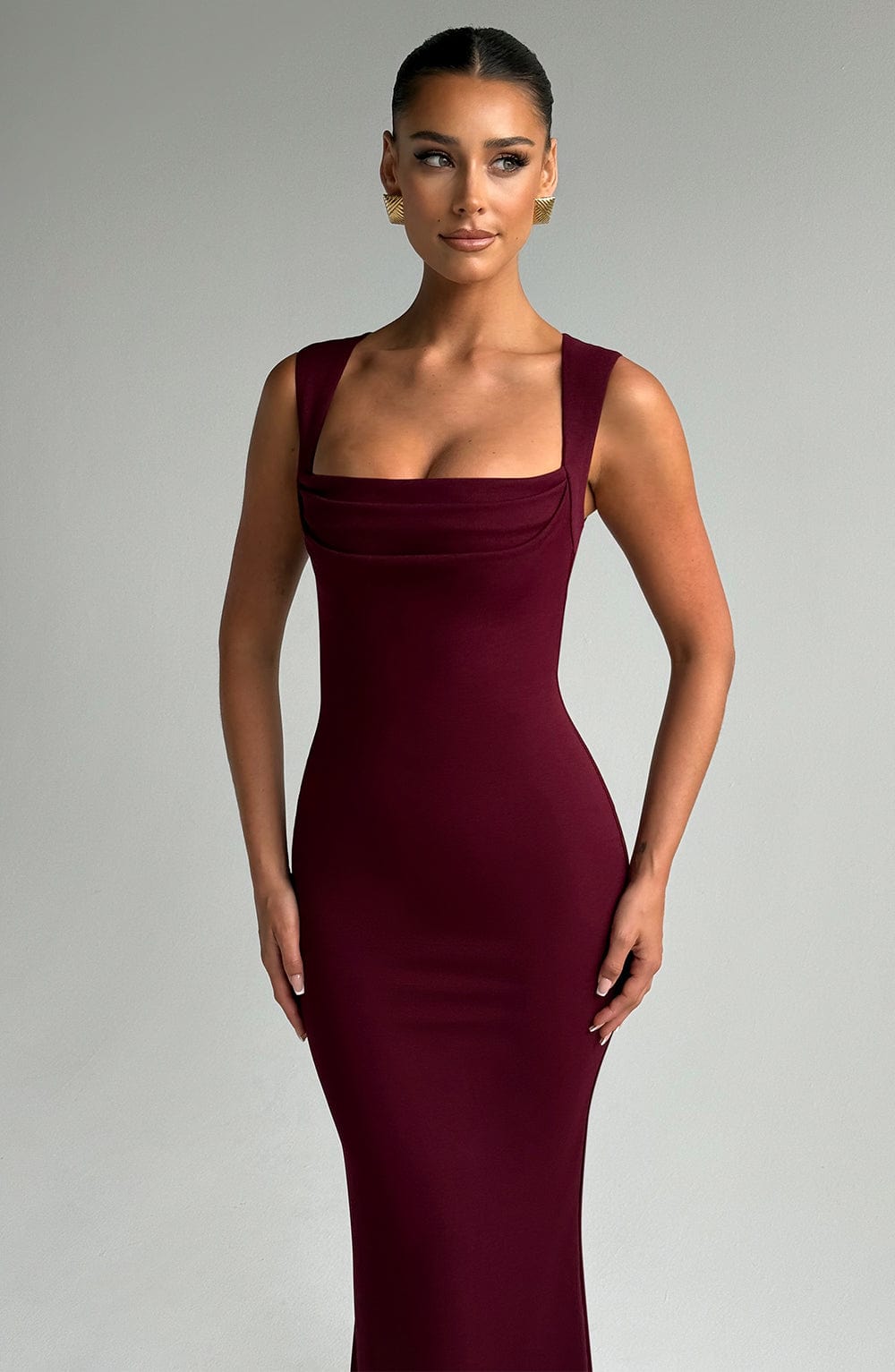 Burgundy Cowl Neck Bodycon Occasion Maxi Dress