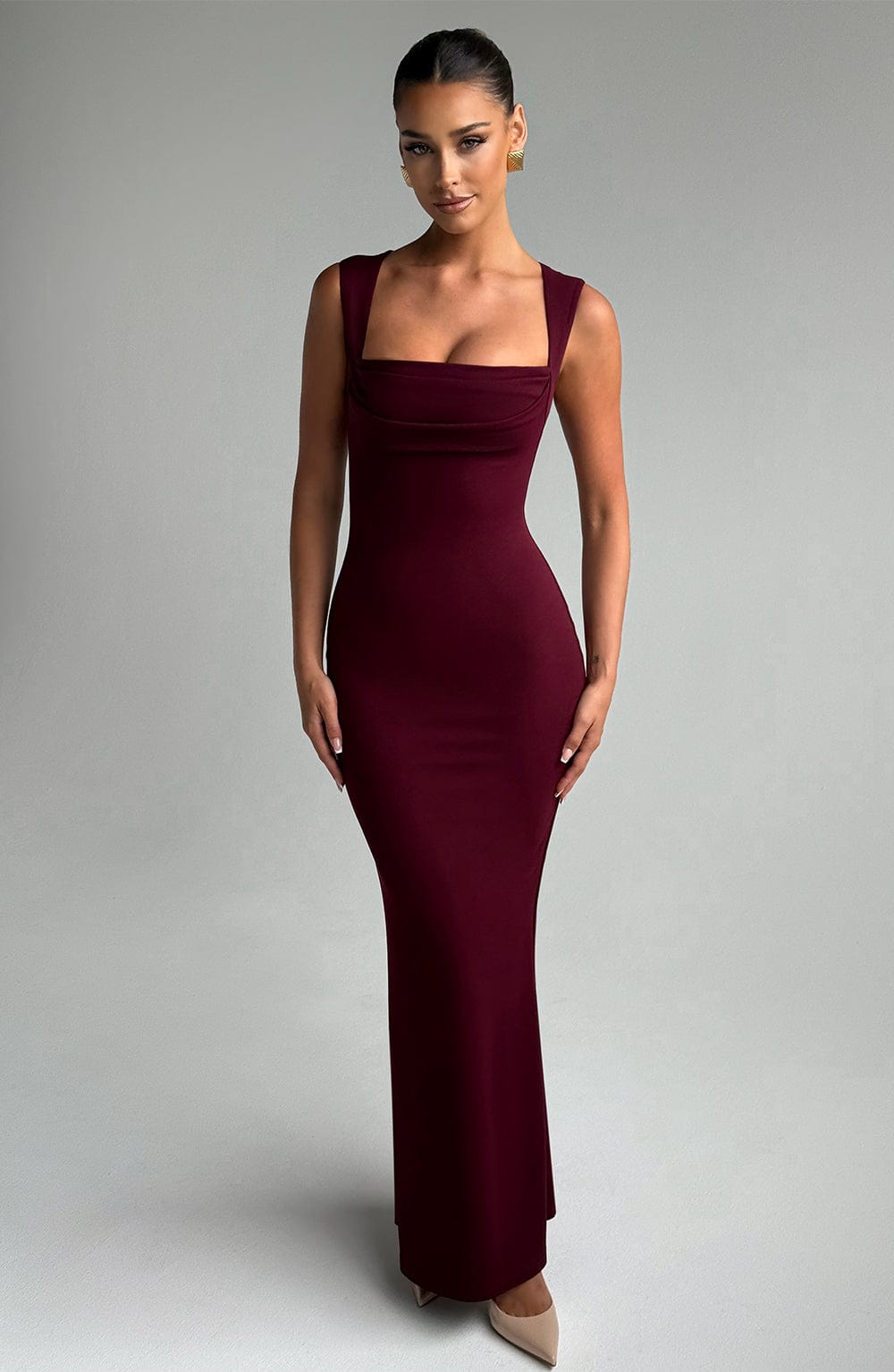 Burgundy Cowl Neck Bodycon Occasion Maxi Dress