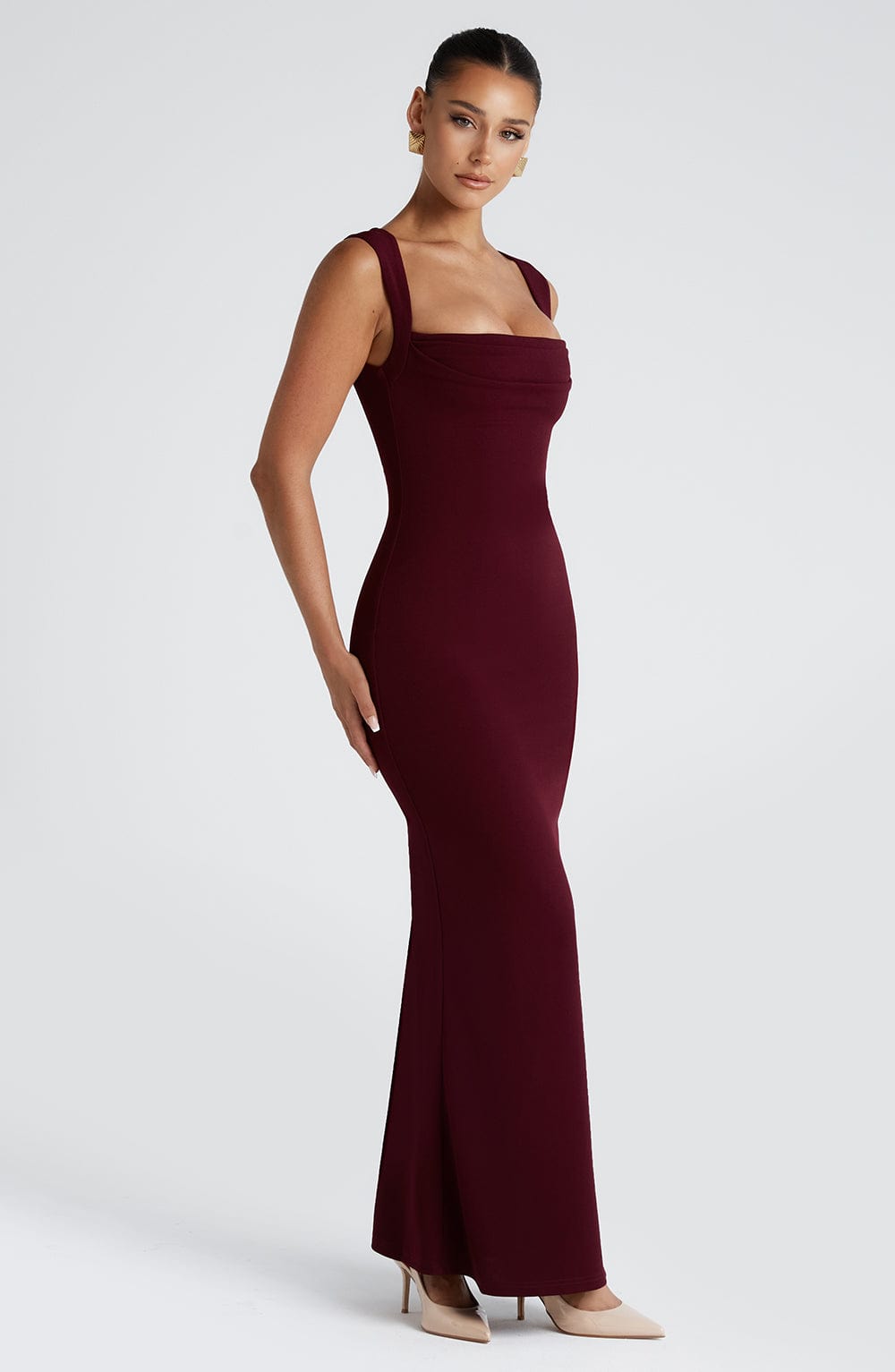 Burgundy Cowl Neck Bodycon Occasion Maxi Dress