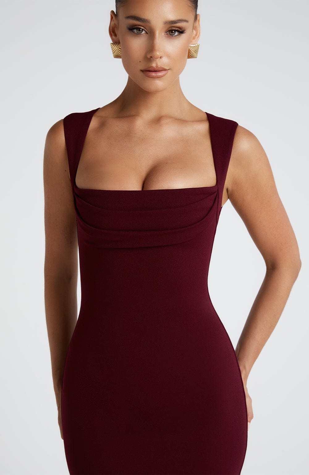 Burgundy Cowl Neck Bodycon Occasion Maxi Dress