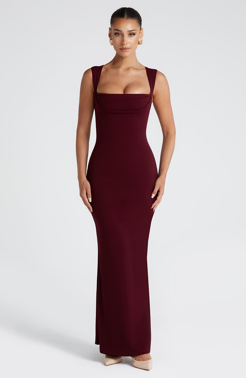 Burgundy Cowl Neck Bodycon Occasion Maxi Dress