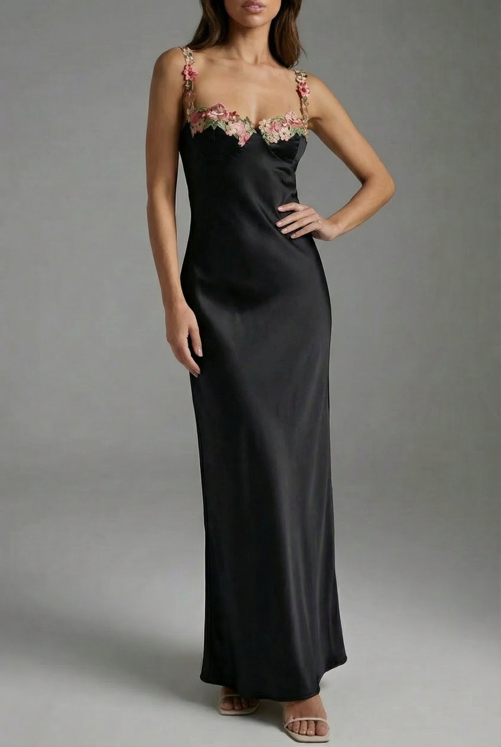 Women’s Lime Green Satin Sleeveless Floral Embroidered Maxi Dress