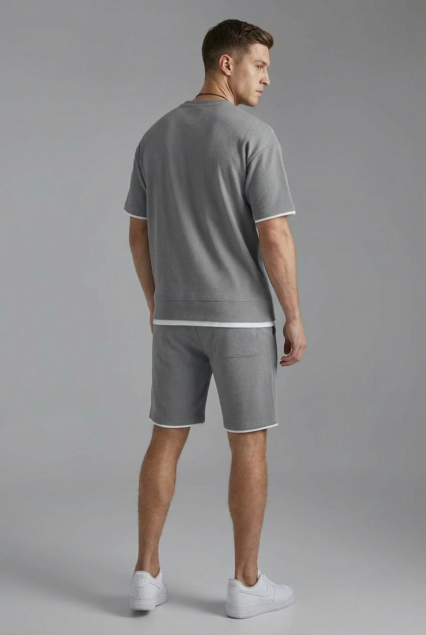 Men’s Waffle Knit Style Lounge Two Piece – Comfortable Casual T-Shirt and Shorts Set