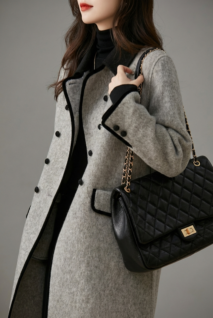 Women's Gray Tailored Wool Style Coat – Double-Breasted Structured Fit