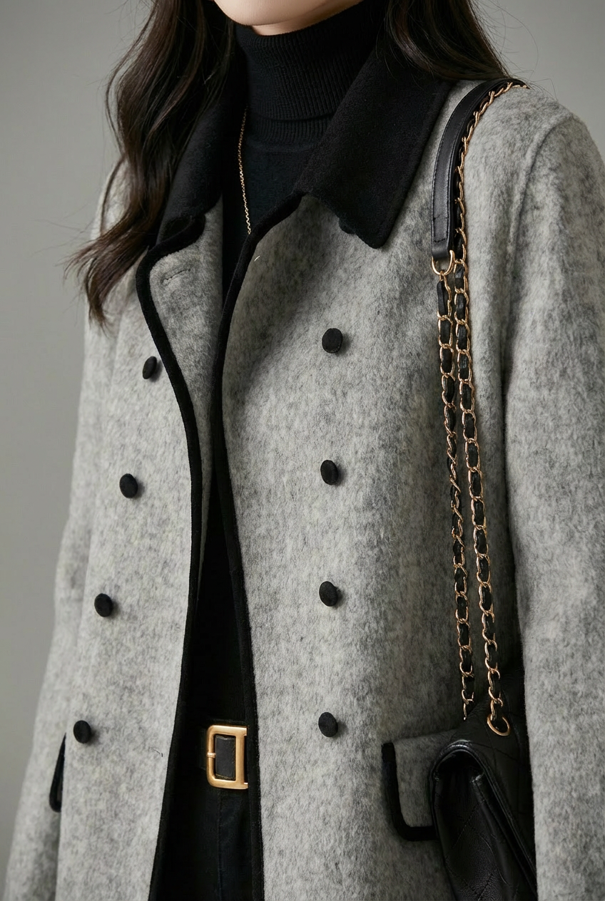 Women's Gray Tailored Wool Style Coat – Double-Breasted Structured Fit