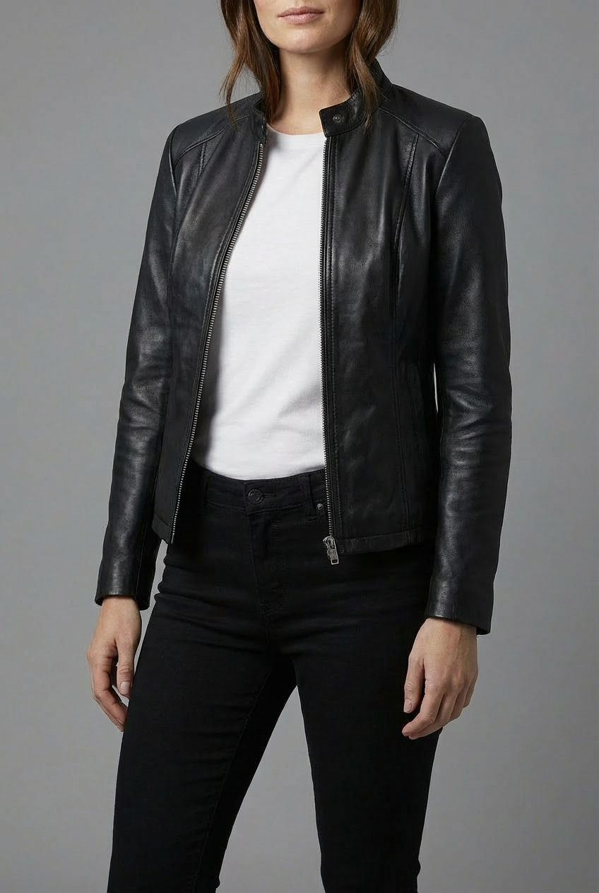 Women’s Short Leather Style Biker Jacket Zip Up Jacket