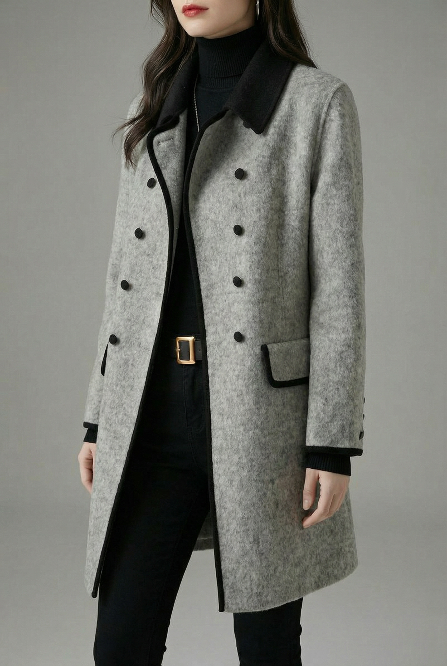 Women's Gray Tailored Wool Style Coat – Double-Breasted Structured Fit