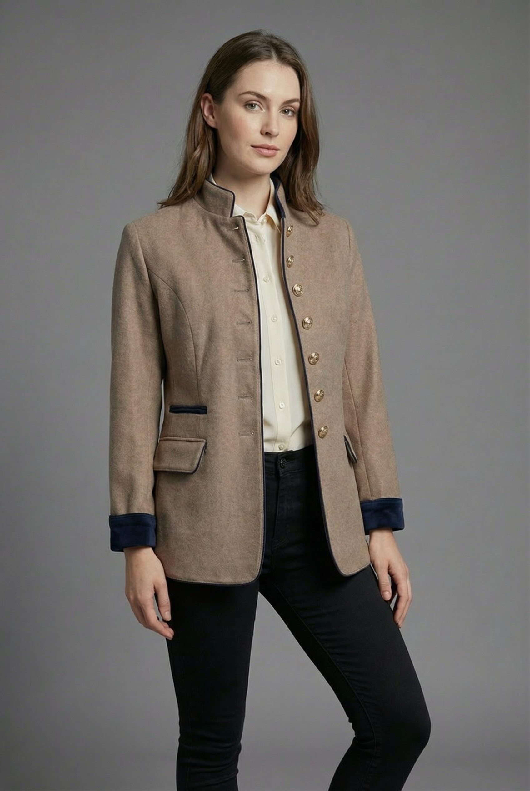 Women’s Camel Tailored Stand Collar Spring Blazer Coat