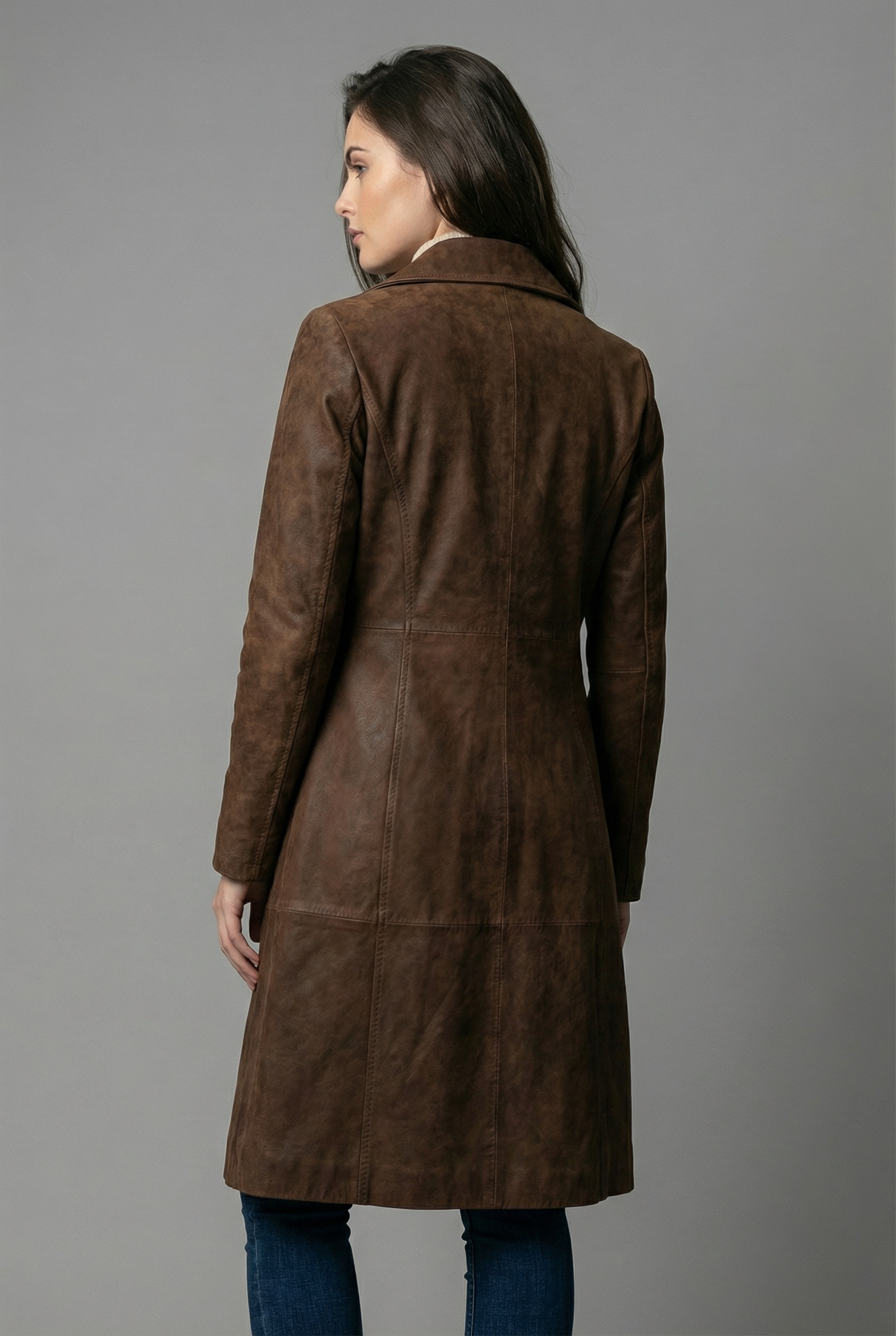 Women’s Dark Brown Leather Style H-Line Mid Length Coat