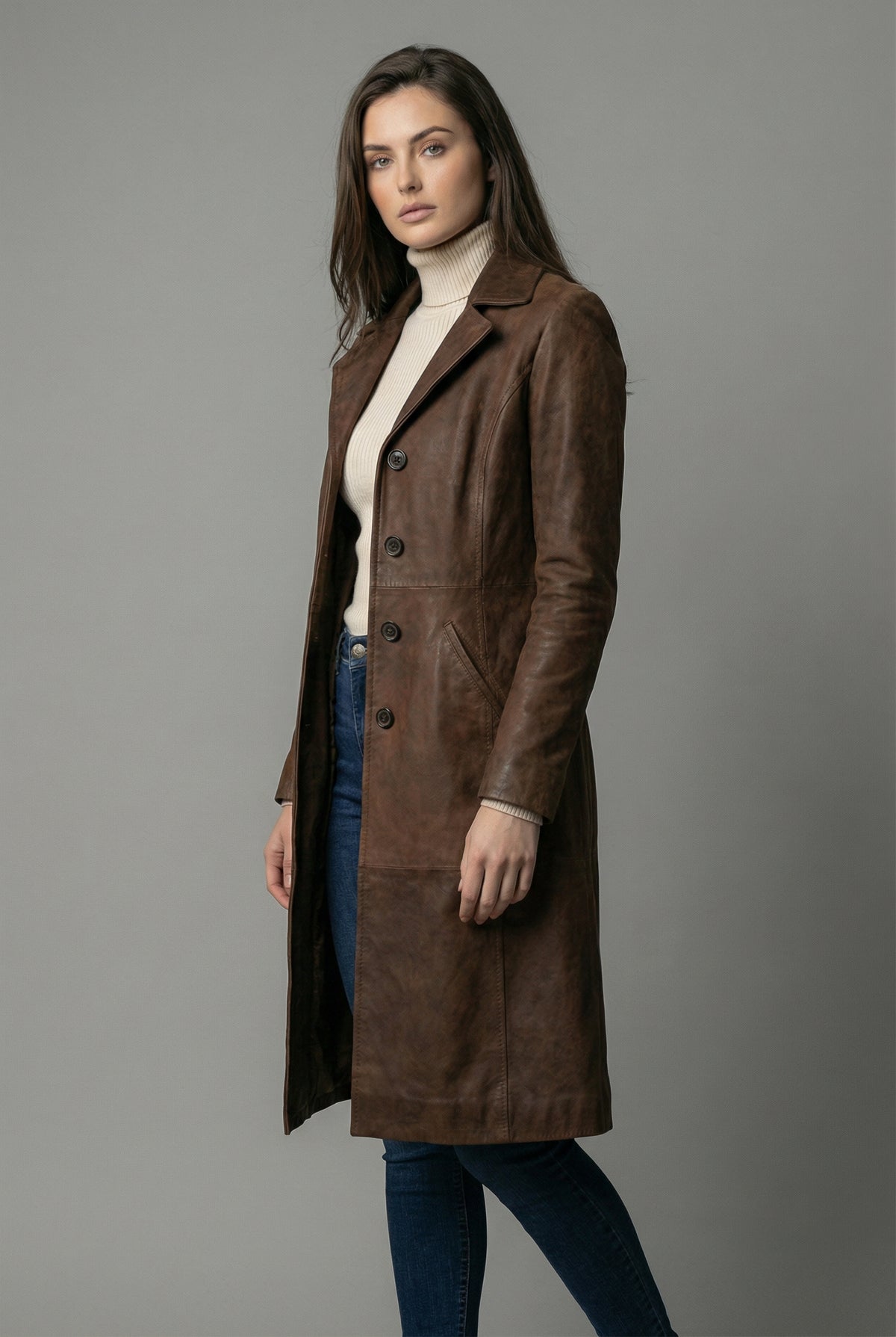 Women’s Dark Brown Leather Style H-Line Mid Length Coat