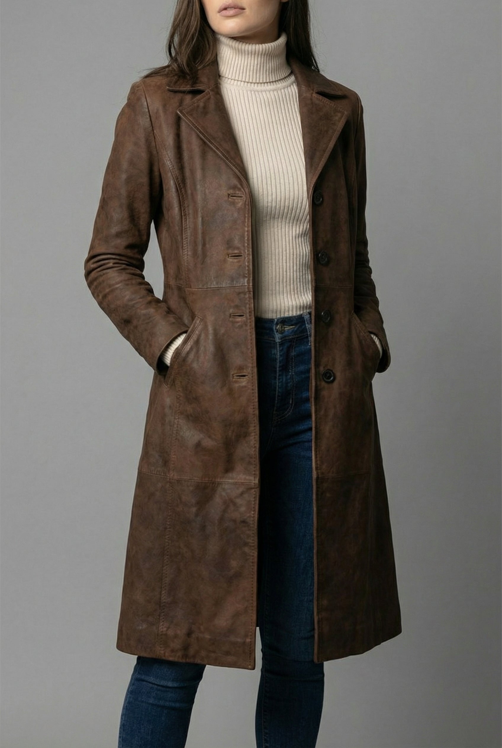 Women’s Dark Brown Leather Style H-Line Mid Length Coat