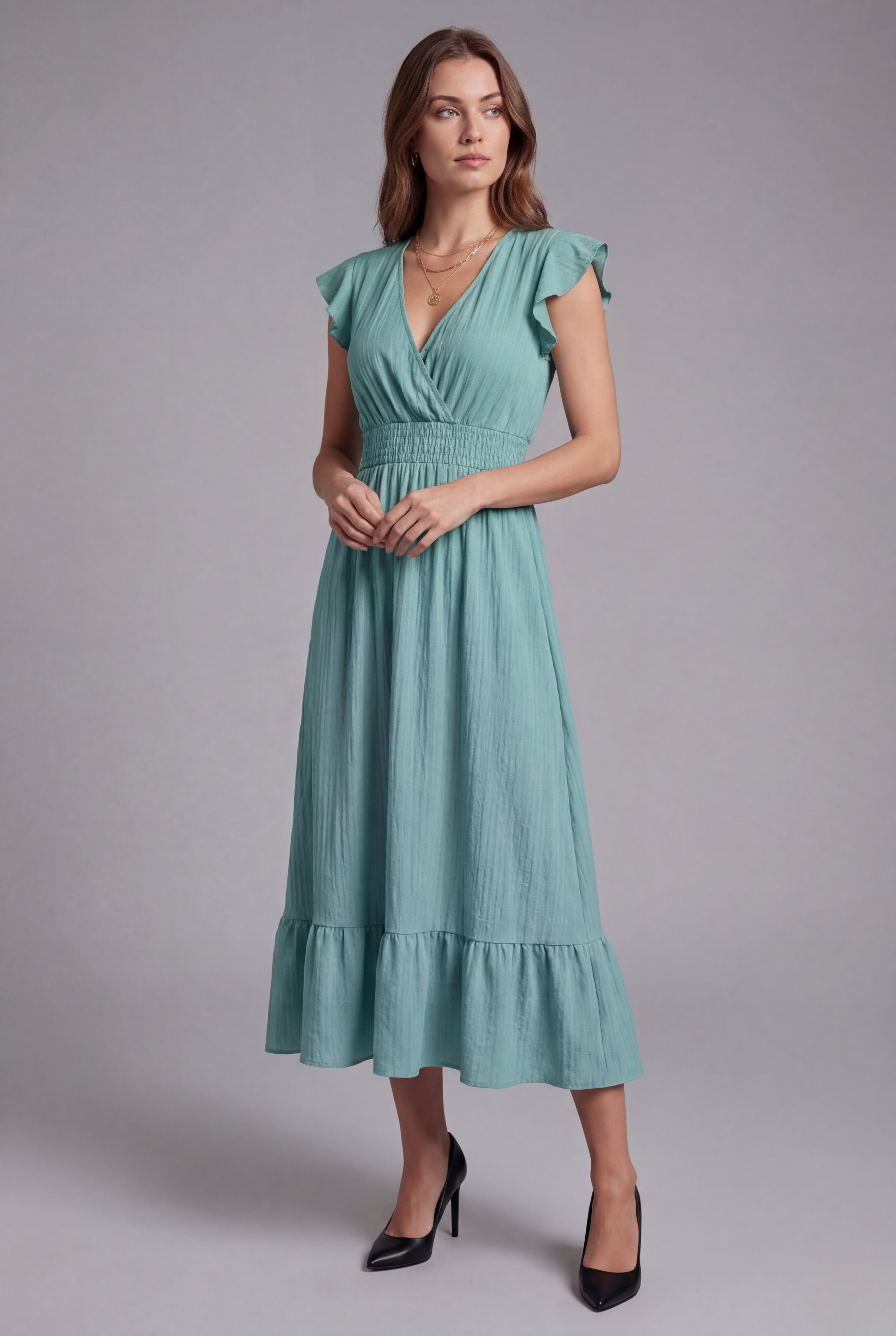 Women’s Ascot Elegant V Neck Flutter Sleeve Maxi Dress
