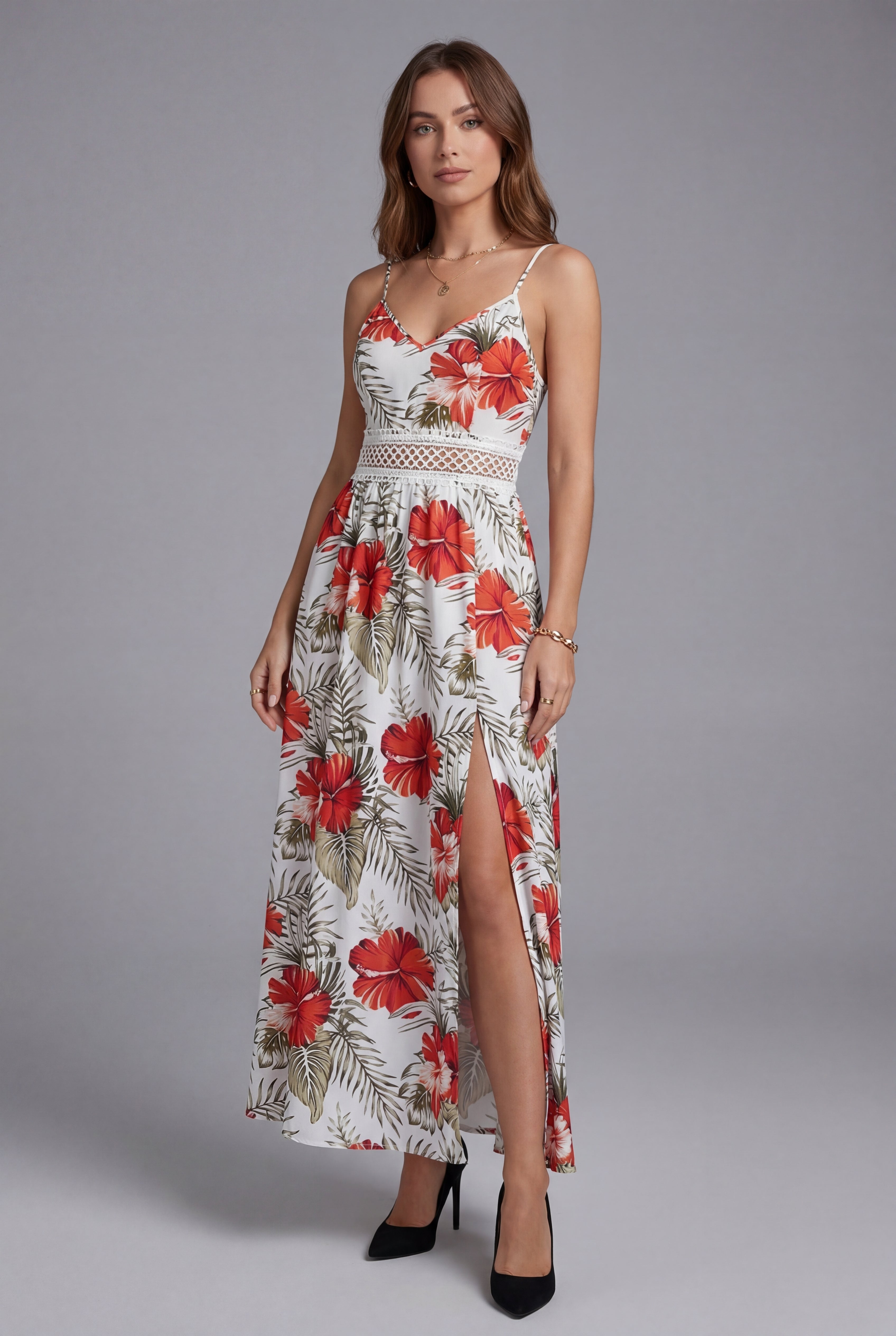 Women’s Floral Spaghetti Strap Elegant Split Maxi Dress