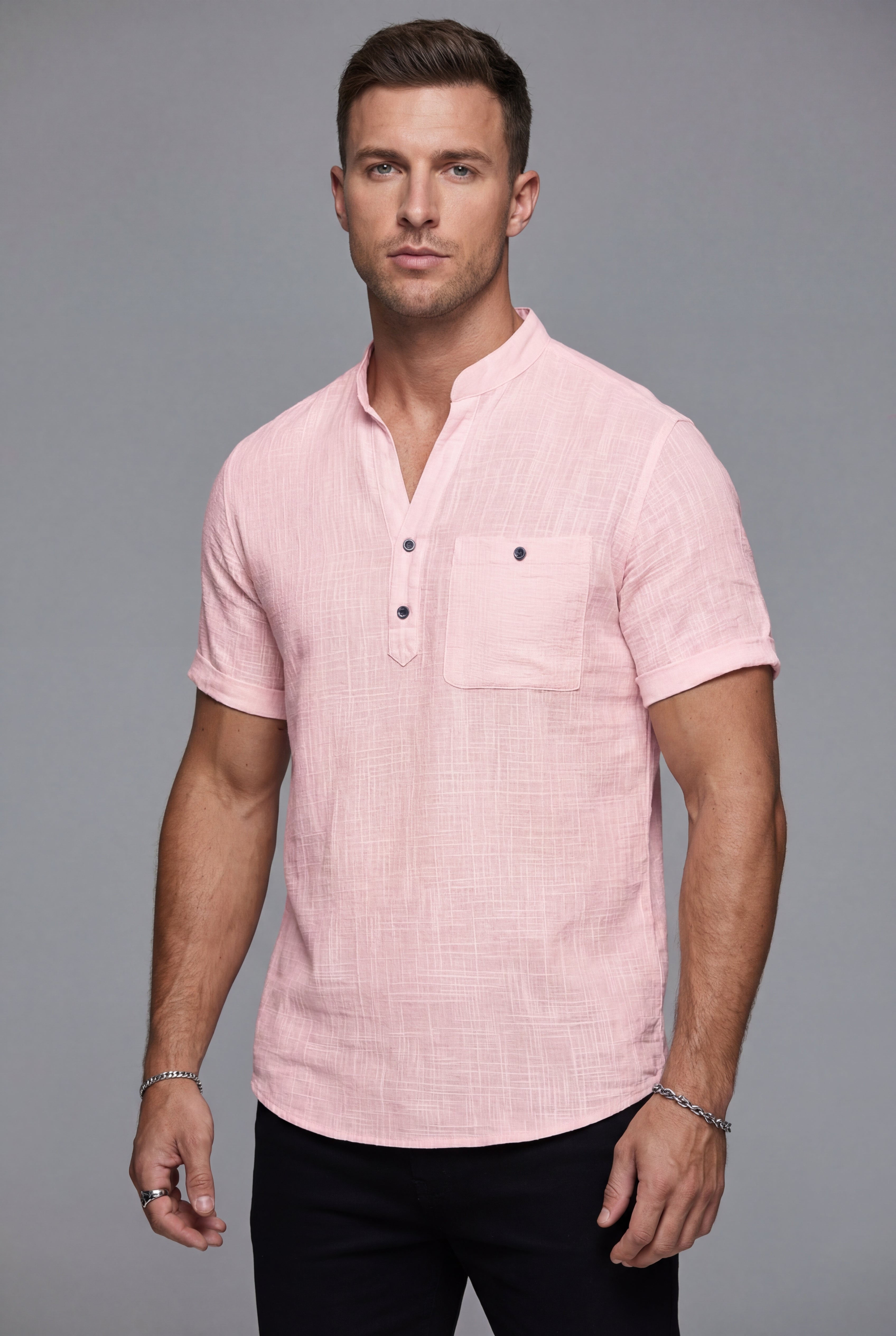 Men’s Linen Style Short Sleeve Shirt Lightweight Breathable Notch Collar