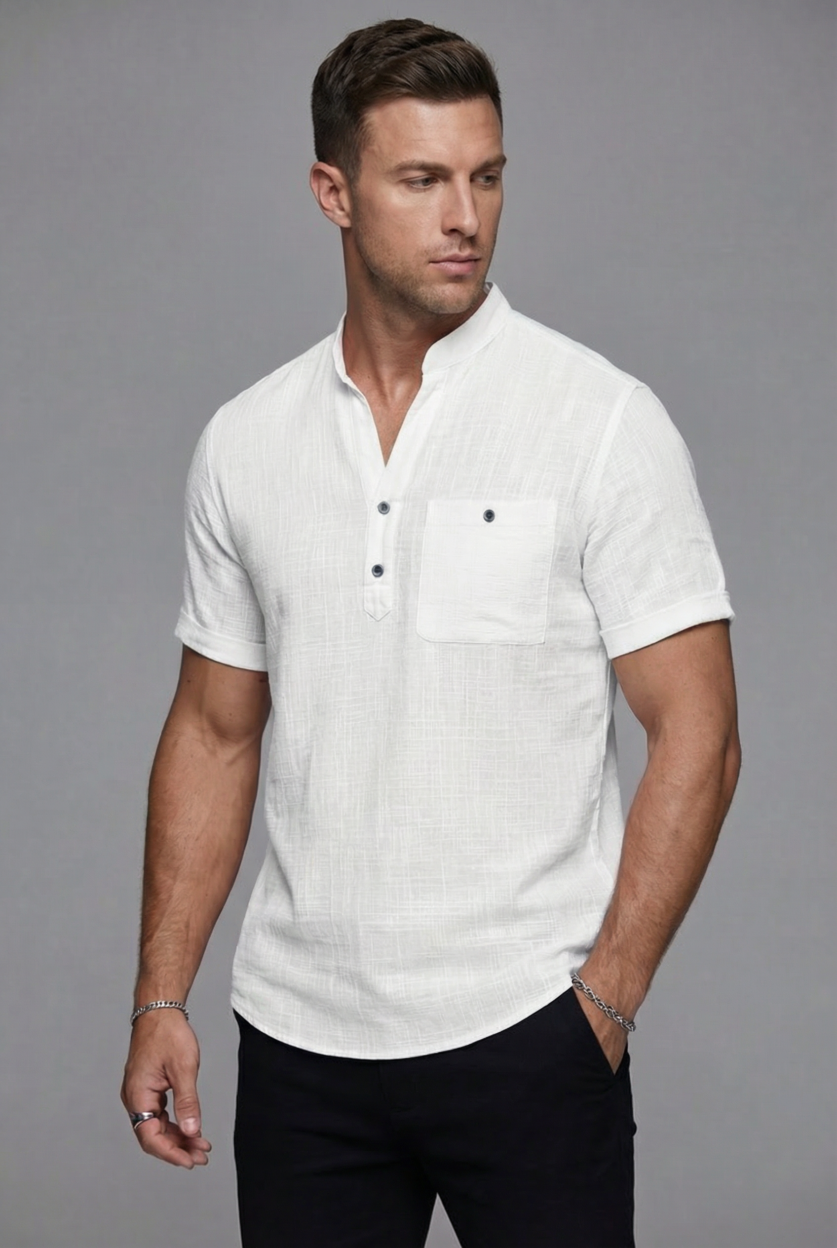Men’s Linen Style Short Sleeve Shirt Lightweight Breathable Notch Collar