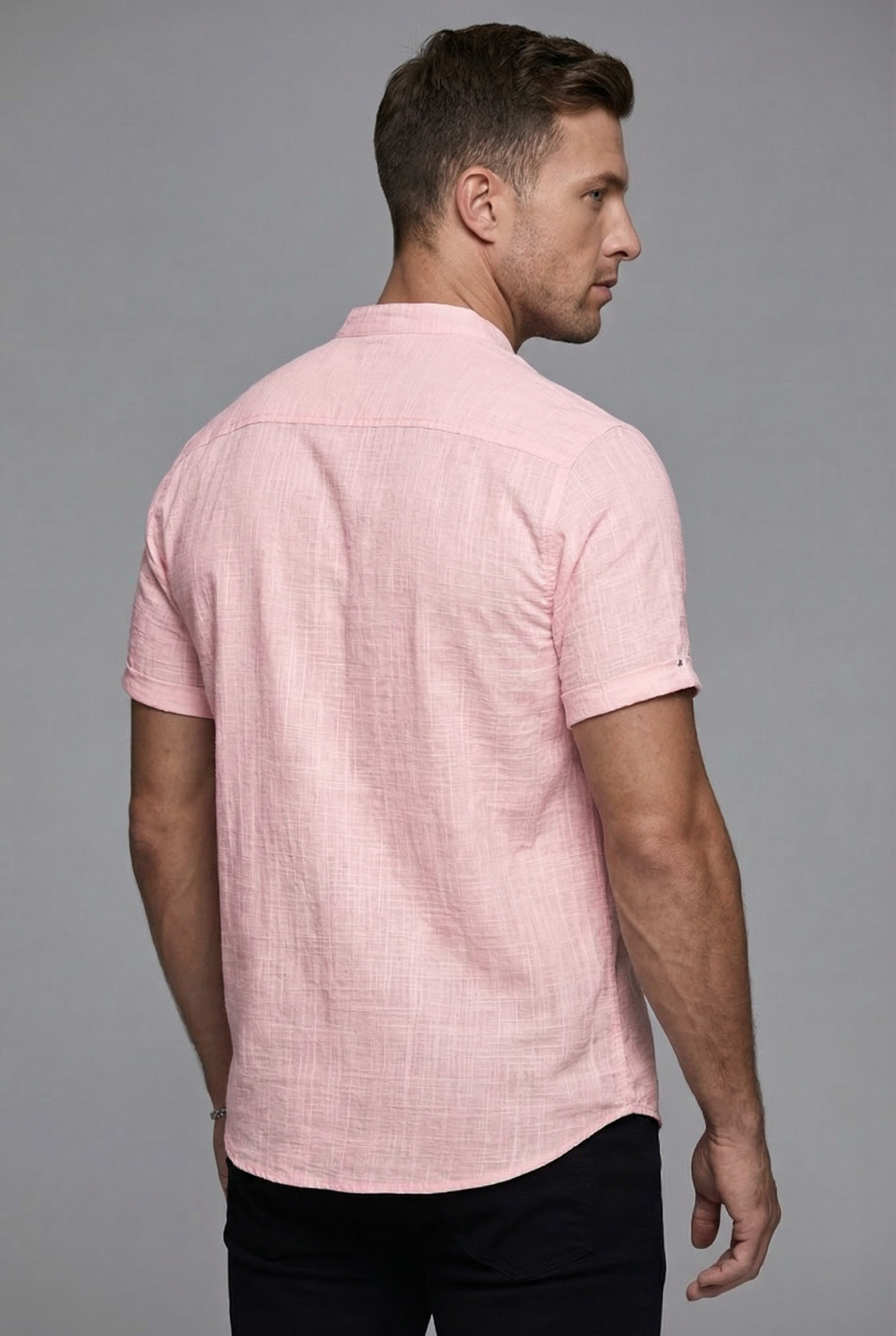 Men’s Linen Style Short Sleeve Shirt Lightweight Breathable Notch Collar