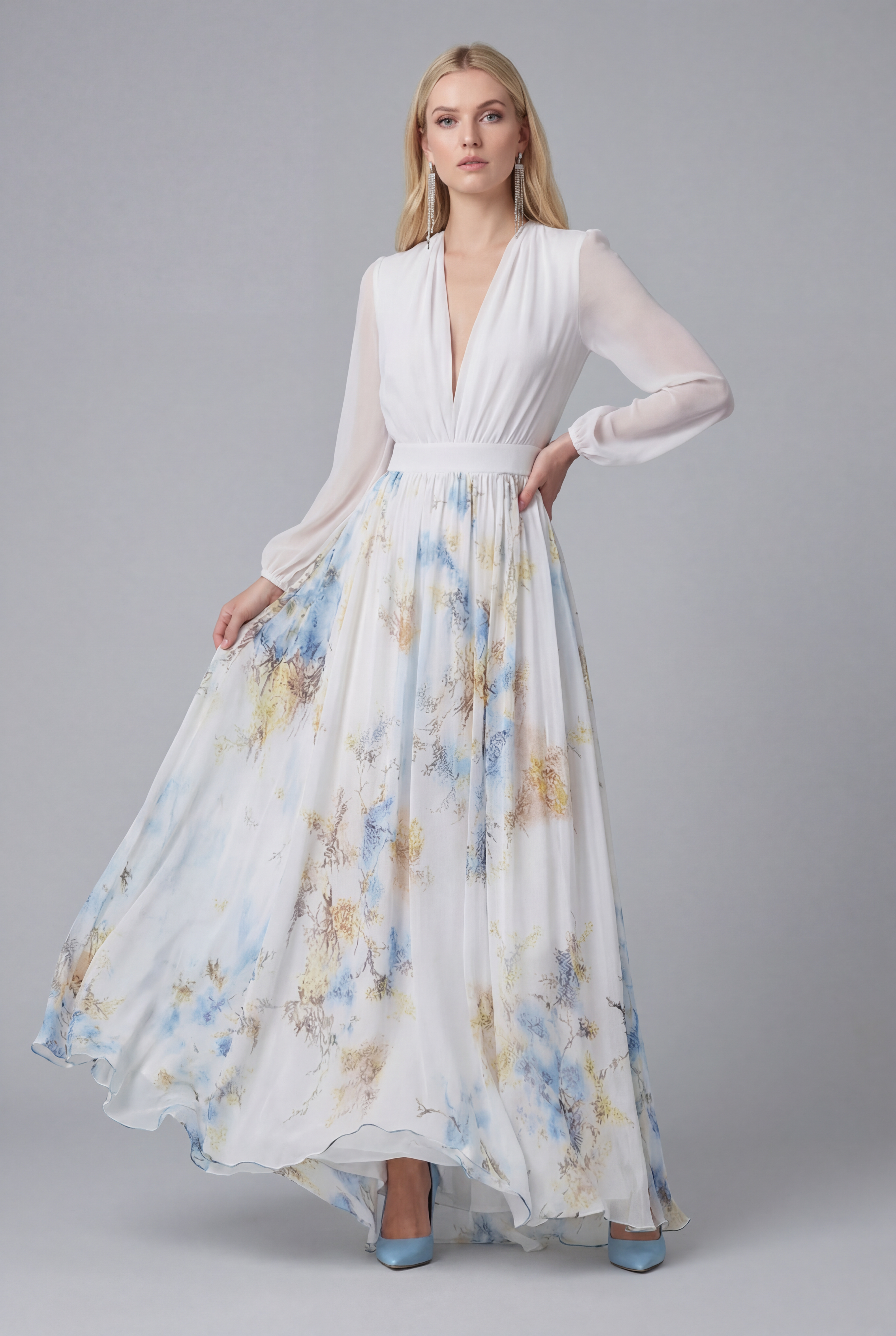 Women’s Elegant Ascot Floral Chiffon Style White Maxi Dress