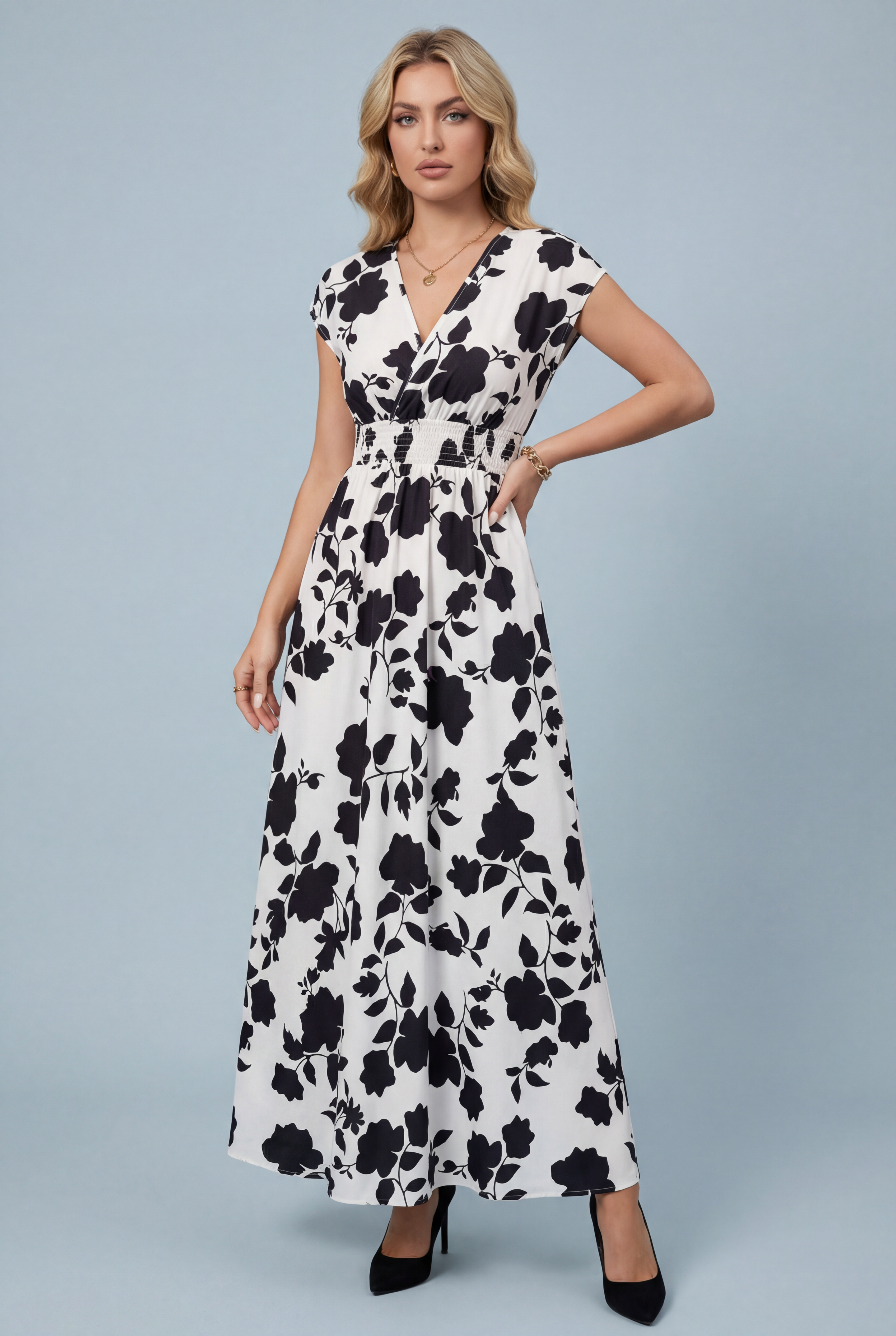 Women’s Elegant V Neck Ascot Floral Maxi Dress